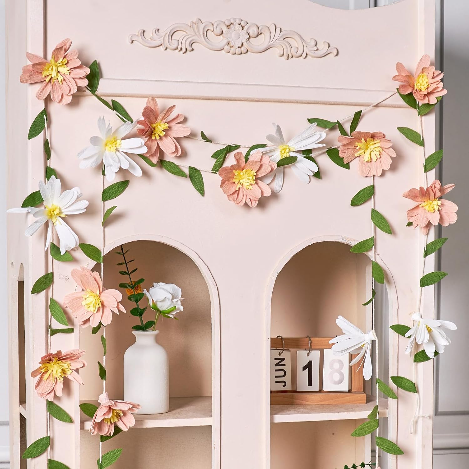 EASY JOY Crepe Paper Flowers Banner White Blush Pink Paper Flower Banner Spring Hanging Paper Flower Garland Paper Leaves Banner for Spring Birthday Wedding Home Decorations - Image 4