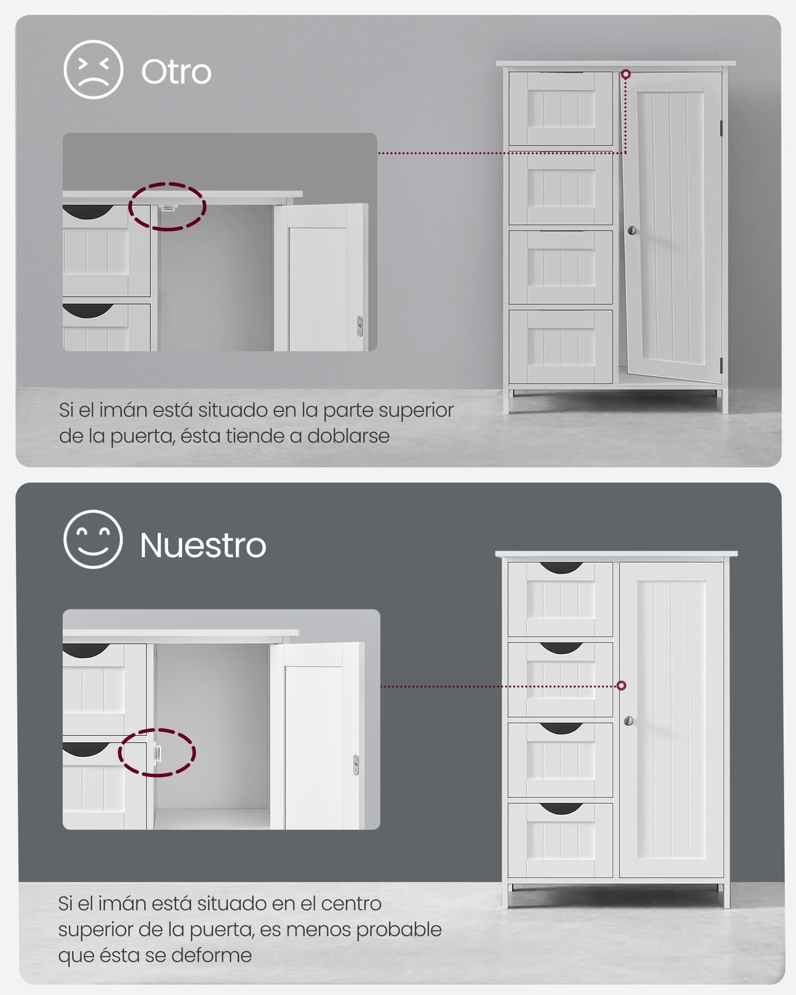 VASAGLE Gabinete de Baño, Gabinete de Almacenamiento con 4 Cajones y 1 Armario de Taquilla, Puerta Simple, Estante Ajustable, para Sala de Estar, Cocina, Entrada, Blanco LHC41W