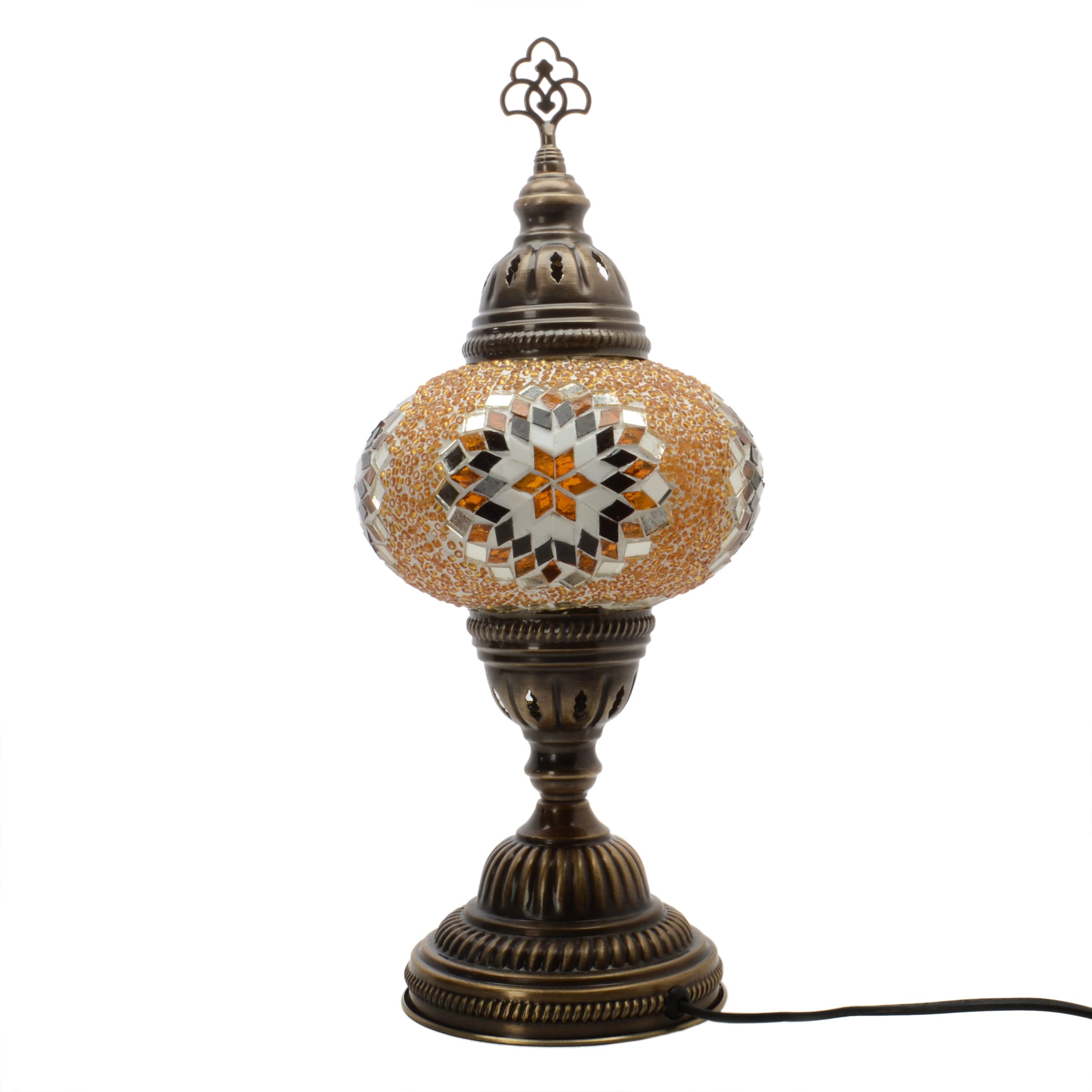 Enva Yellow Turkish Moroccan Style Mosaic Multicoloured Desk Table Lamp, Bronze Base, Unique Light Large Globe ( Star)