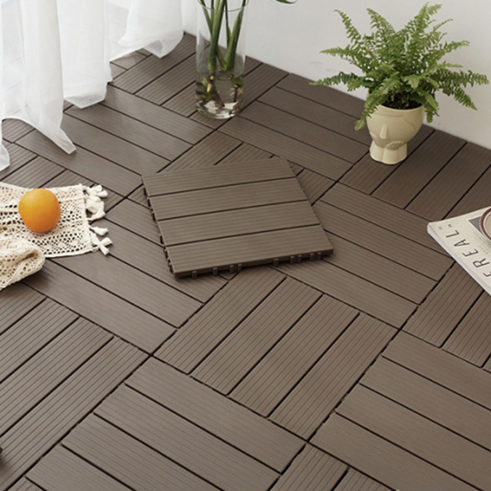 Azulejos de plástico para jardín, 30 x 30 cm, baldosas de PVC, color negro café, suelo empotrable, total 0,9 m², recortables, 10 unidades
