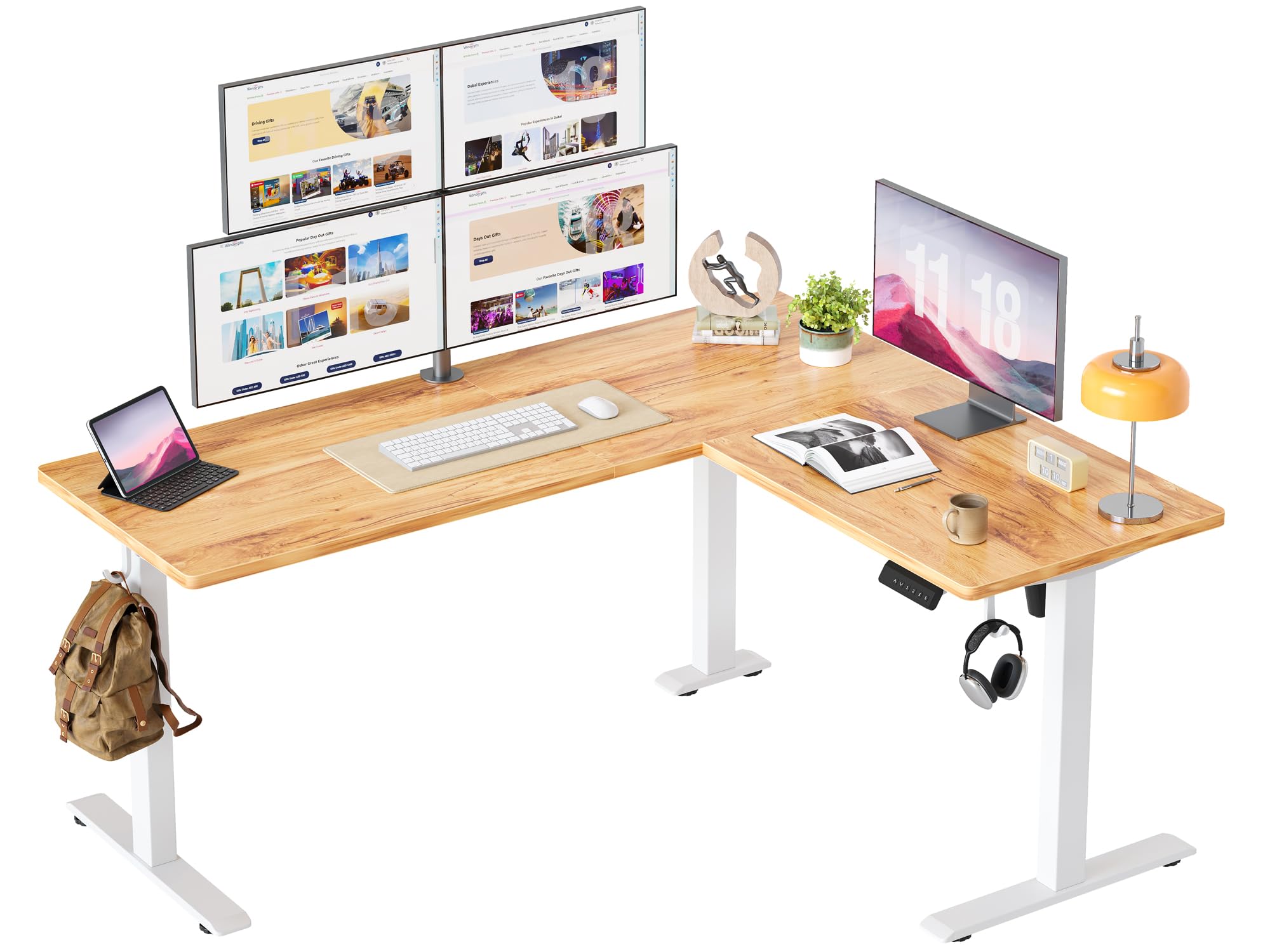 BEXEVUE L Shaped Standing Desk, 160x140 cm Corner Standing Desk, Electric Height Adjustable Desk with 3 Memory Controls, Sit Stand Gaming Desk for Home Office, Light Rustic Brown