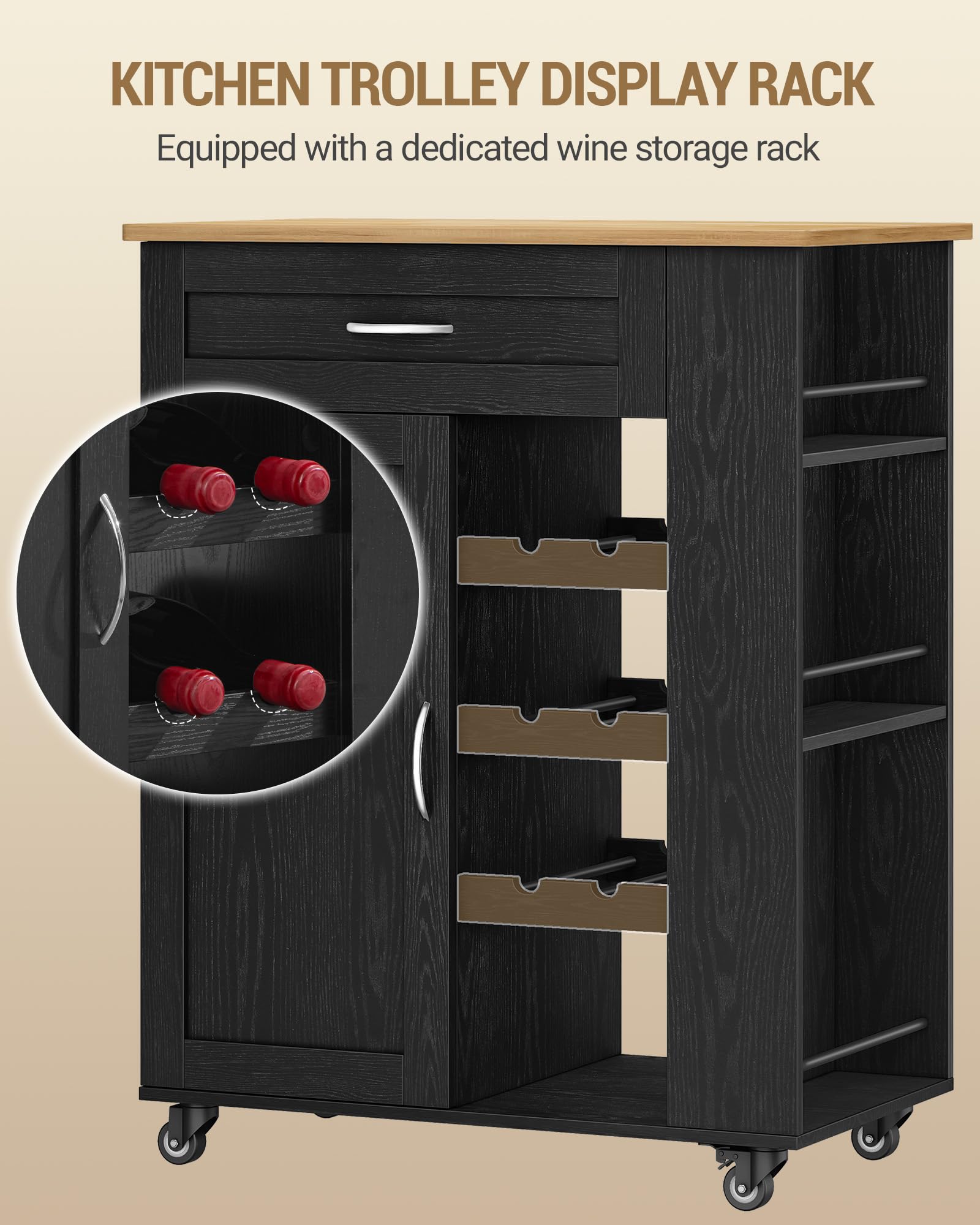 Hzuaneri Servierwagen, Küchenwagen mit Rädern, Weinregal, Kücheninsel, Kochinsel, Küchenregal stehend Möbel, Rollwagen, für Küche, Wohnzimmer und Esszimmer, 68 × 86 × 40 cm, Schwarz ST03004B
