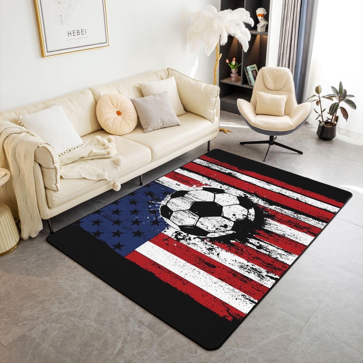 Homemissing Tappeto per area di calcio, 150 x 200 cm, con stampa bandiera americana, per soggiorno, camera da letto, camera da letto, calcio, videogiochi, con retro antiscivolo, tappetino per interni