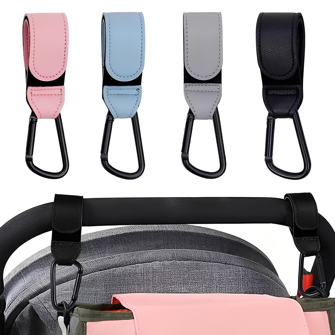 4 Pezzi ganci passeggino, Moschettoni per Carrozzina Universali in Pelle, Accessori Passeggino per Porta Borse Della Spesa, Cambio Bambino, Zaini, neonato accessori utili