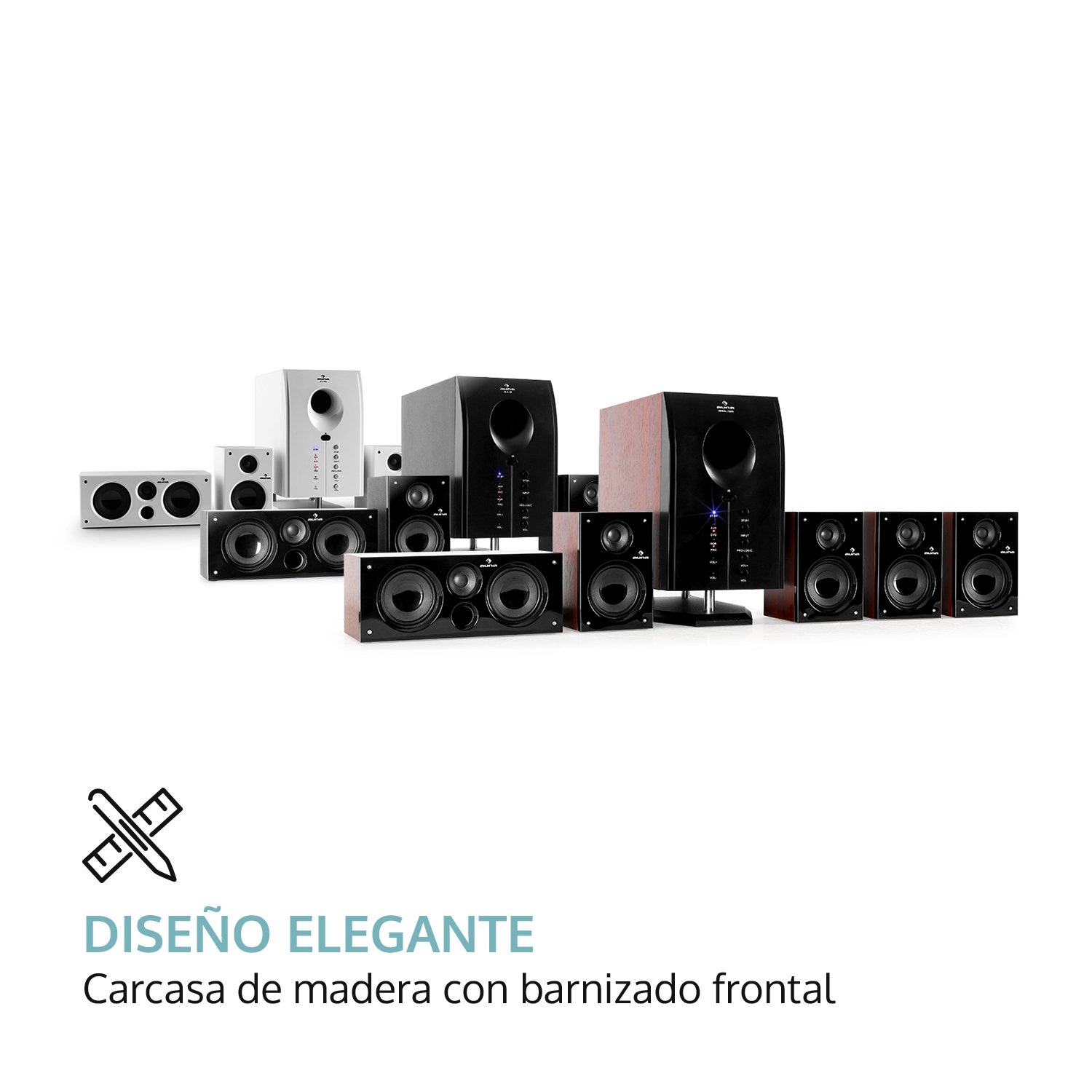 auna Areal 525 - Home Cinema 5.1 inalambrico, Sistema de Sonido Envolvente 5.1, 125 W RMS, Subwoofer Activo Mono 5,25", Bass Reflex, 5 Altavoces satélite, AUX, Apagado automático, Marrón