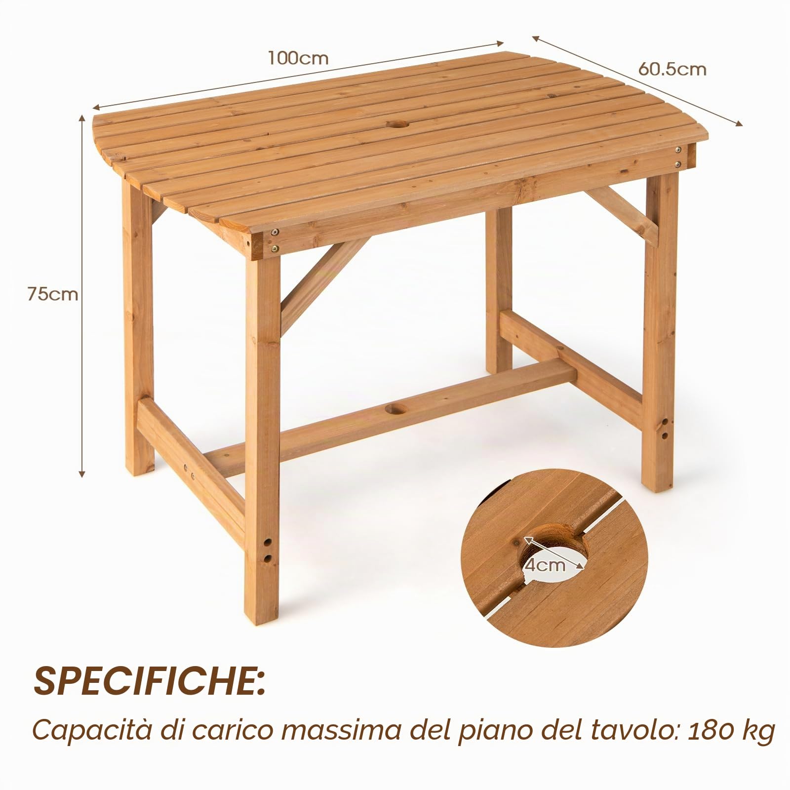 KOMFOTTEU Tavolo da Giardino in Legno di Abete, Tavolo da Pranzo con Foro per Ombrellone, Tavolo Ausiliare con Portata di 180 kg, Tavolo da Salotto per 4-6 Persone, 100 x 60 x 75 cm, Naturale