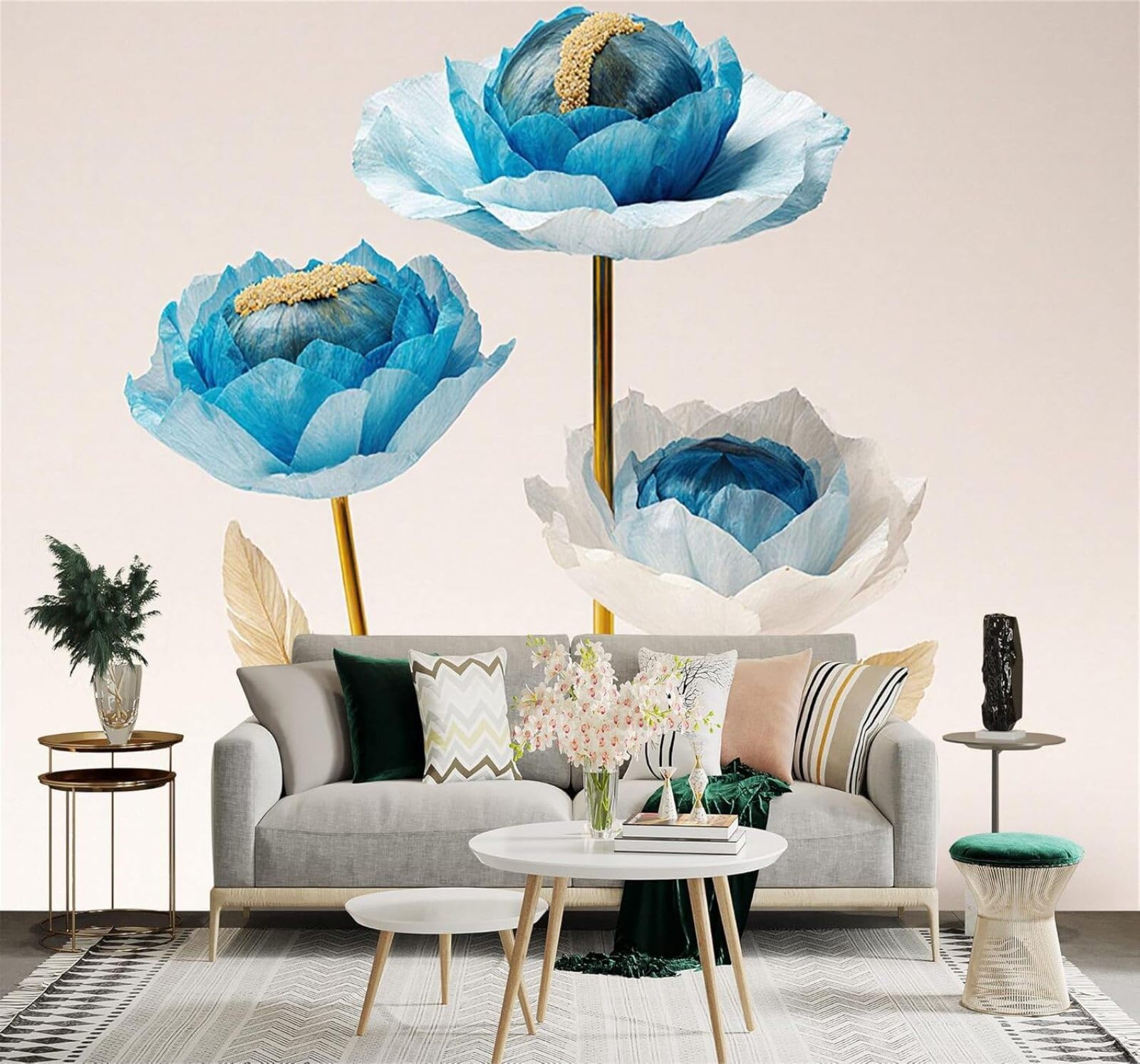 Tzxztt Blue White Paper Flowers Golden Stems Leaves Modern 3D Wallpaper Premium Textured Silk Neutral Tones Material Ideal for Living Room Bedroom-250cm×170cm