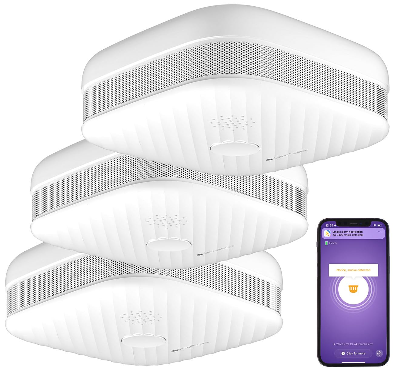 VisorTech Smart Rauchmelder: 3er-Set WLAN-Rauch- & Hitzemelder mit weltweiter App-Benachrichtigung (Rauchmelder mit Benachrichtigung, mit App Steuerung, Home)