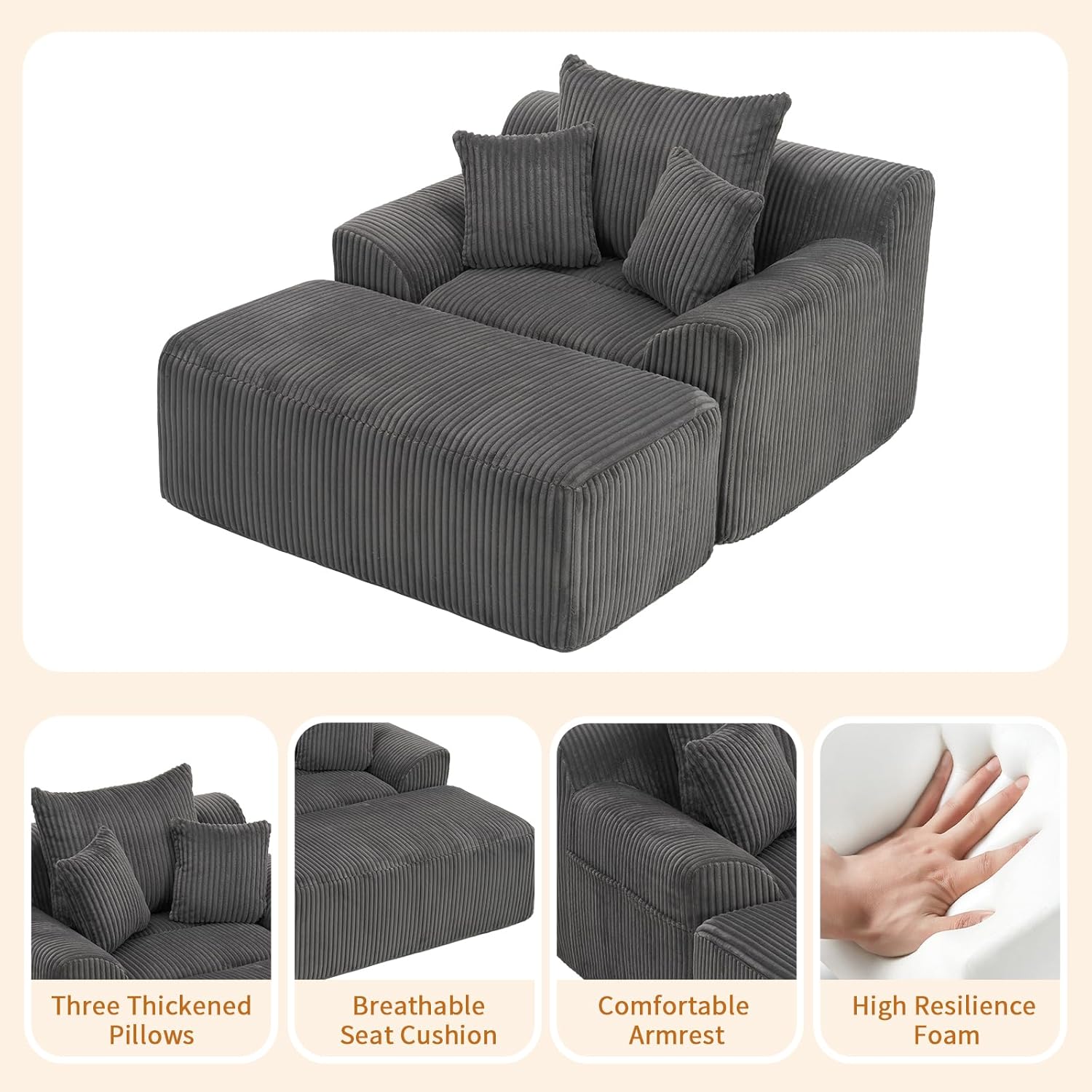 59'' Boneless Chaise Lounge Chair with Ottoman, Oversized Corduroy Upholstered Couch, Deep Seat Comfortable Reading Chair, Compact Sofa Bed for Livingroom/Bedroom (Dark Grey)