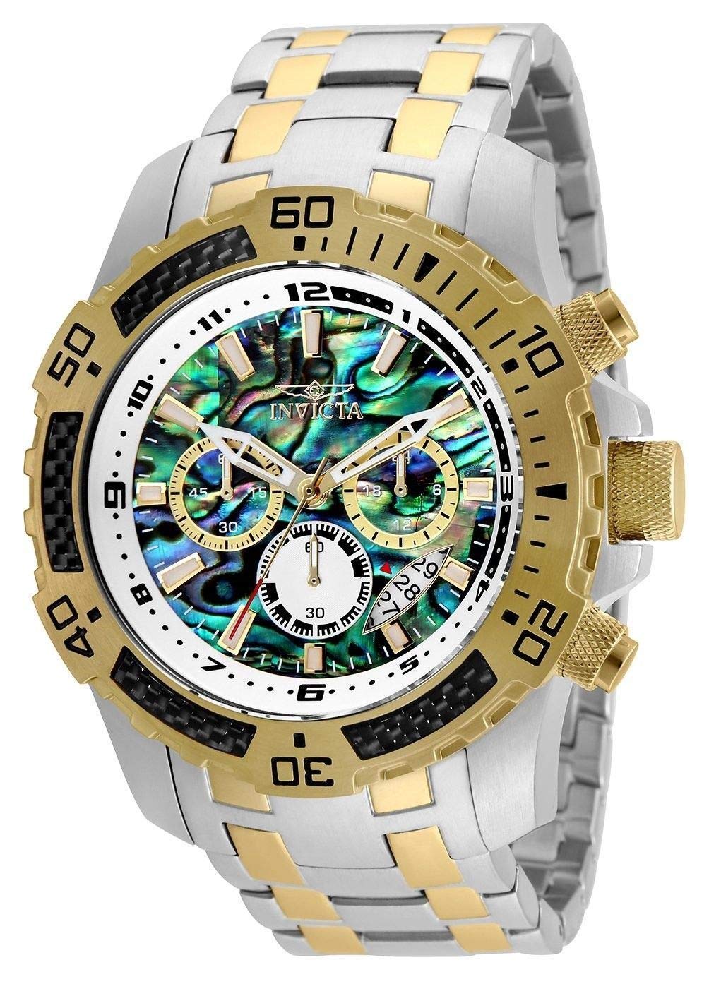 InvictaMen's Pro Diver Scuba Quartz Chronograph Carbon Fiber Bezel Abalone Dial Bracelet Watch, 50mm
