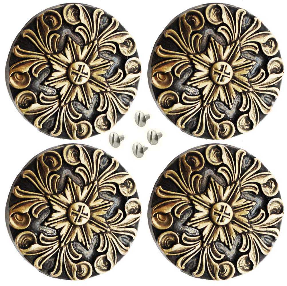 CHALLENGER Set of 4 Conchos Western Saddle Tack 1-1/4" Brass Floral Engraved Co562