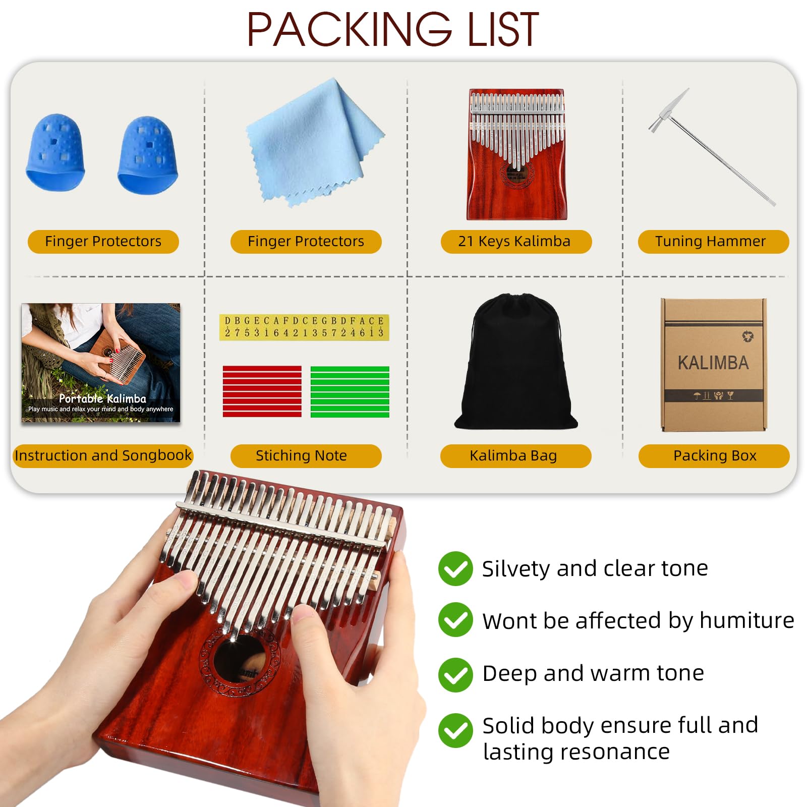 Kalimba Daumenklavier, YUNDIE tragbares Mbira-Fingerklavier mit 21 Tasten, Stimmhammer und Lernanleitung, Musikinstrumente, Geschenk für Erwachsene, Anfänger, Profis (Braunrot) (21 Tasten)