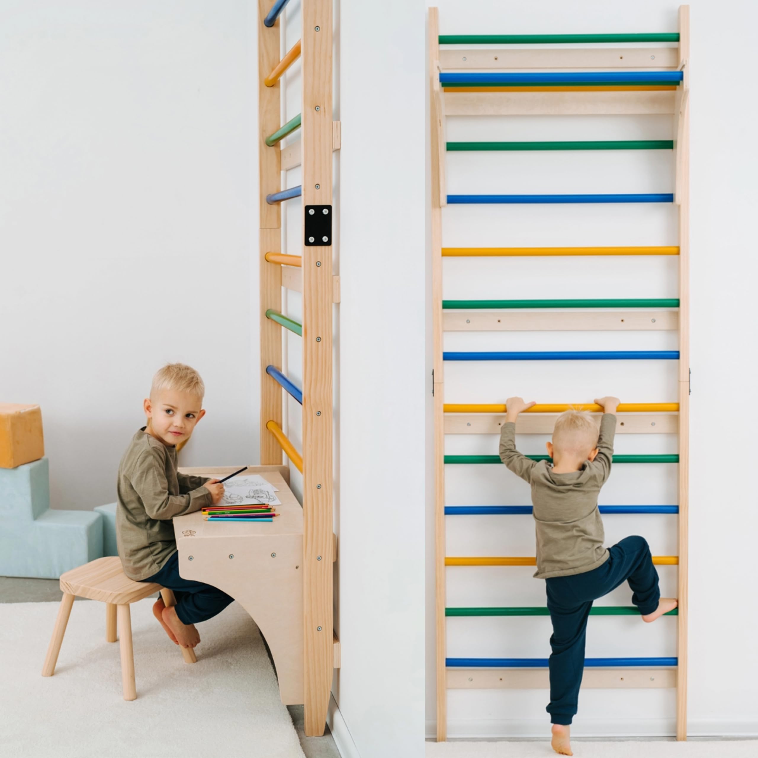 comfybumpy swedish ladder with convertible play table | montessori climbing set for kids, indoor playground & jungle gym - wall climbing toy for active play & table for focused play (set of 1)