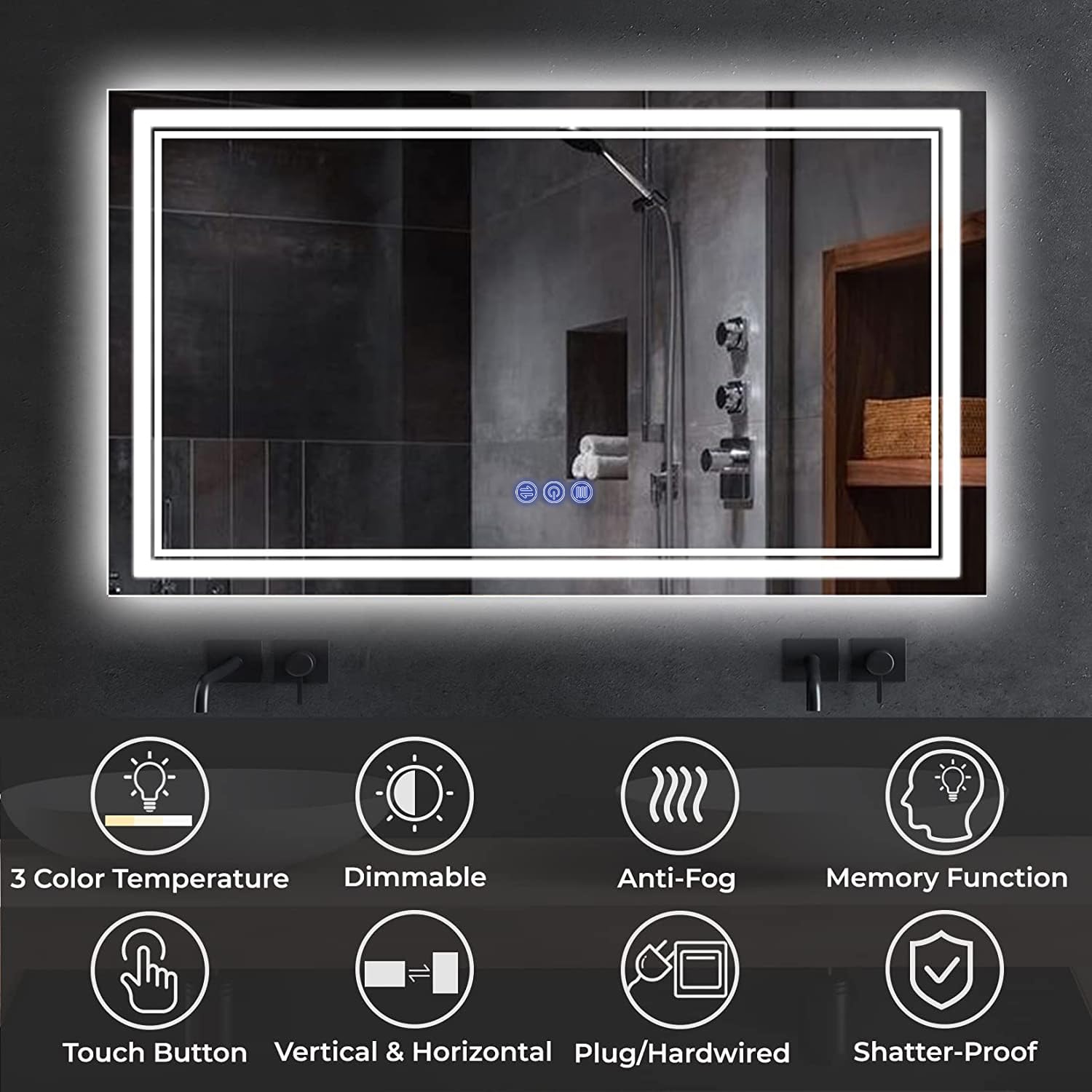 Badspiegel mit Beleuchtung 120x70cm, Badezimmerspiegel Wandspiegel und Touch-Schalter, IP65-Led-Spiegel-Bad mit Speicherfunktion, 3 Farbtemperatur,Horizontal/Vertikal, HD Hartglas