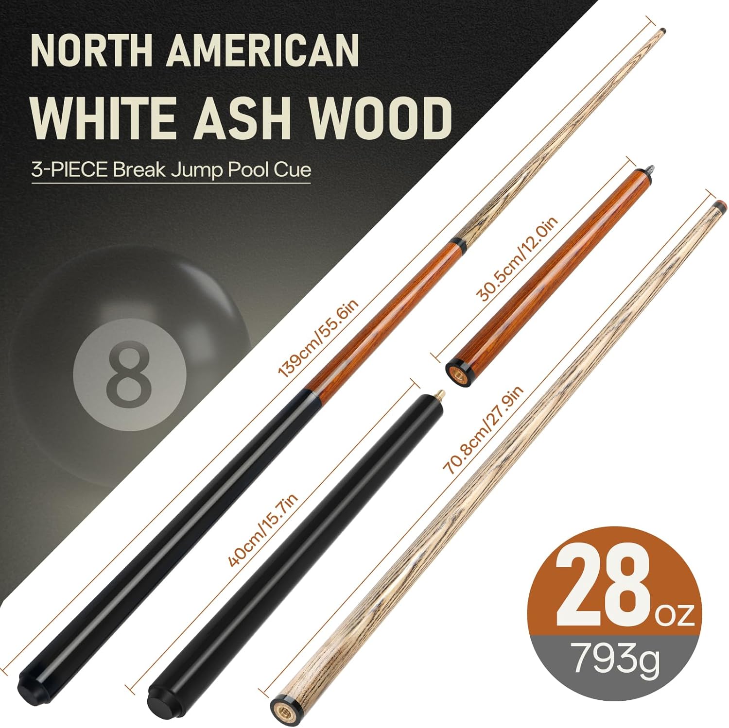 Kmise Break Jump Cue Stick, 21oz 23oz 25oz 28oz Pool Stick for Explosive Breaks and Effortless Jumps, Heavy Hitter Pool Cue with 14mm Pro Tip (Orange 28oz)