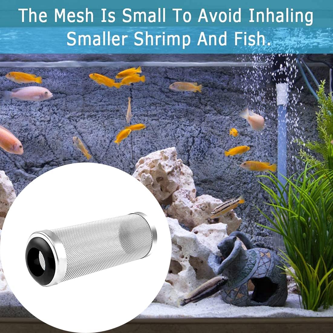 XPOOS 2 Black Stainless Steel Aquarium Mesh Net Filter Uard, Fish Tank Mesh Filter, The mesh is