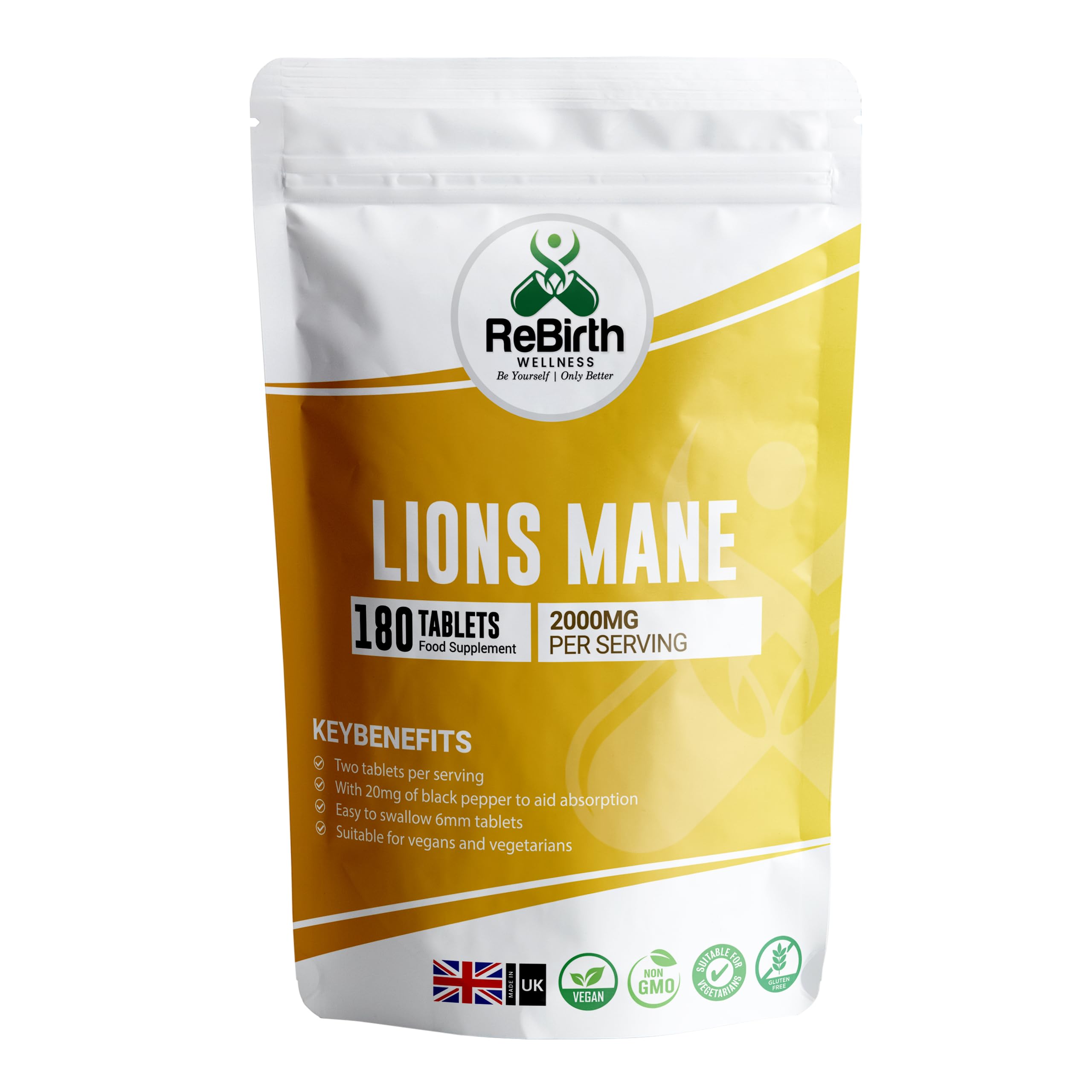 Lions Mane Supplement with Black Pepper - 2000mg Lion's Mane - 180 Easy to Swallow, Vegan Tablets - Made in The UK - Powerful Mushroom Supplement - Rebirth Wellness