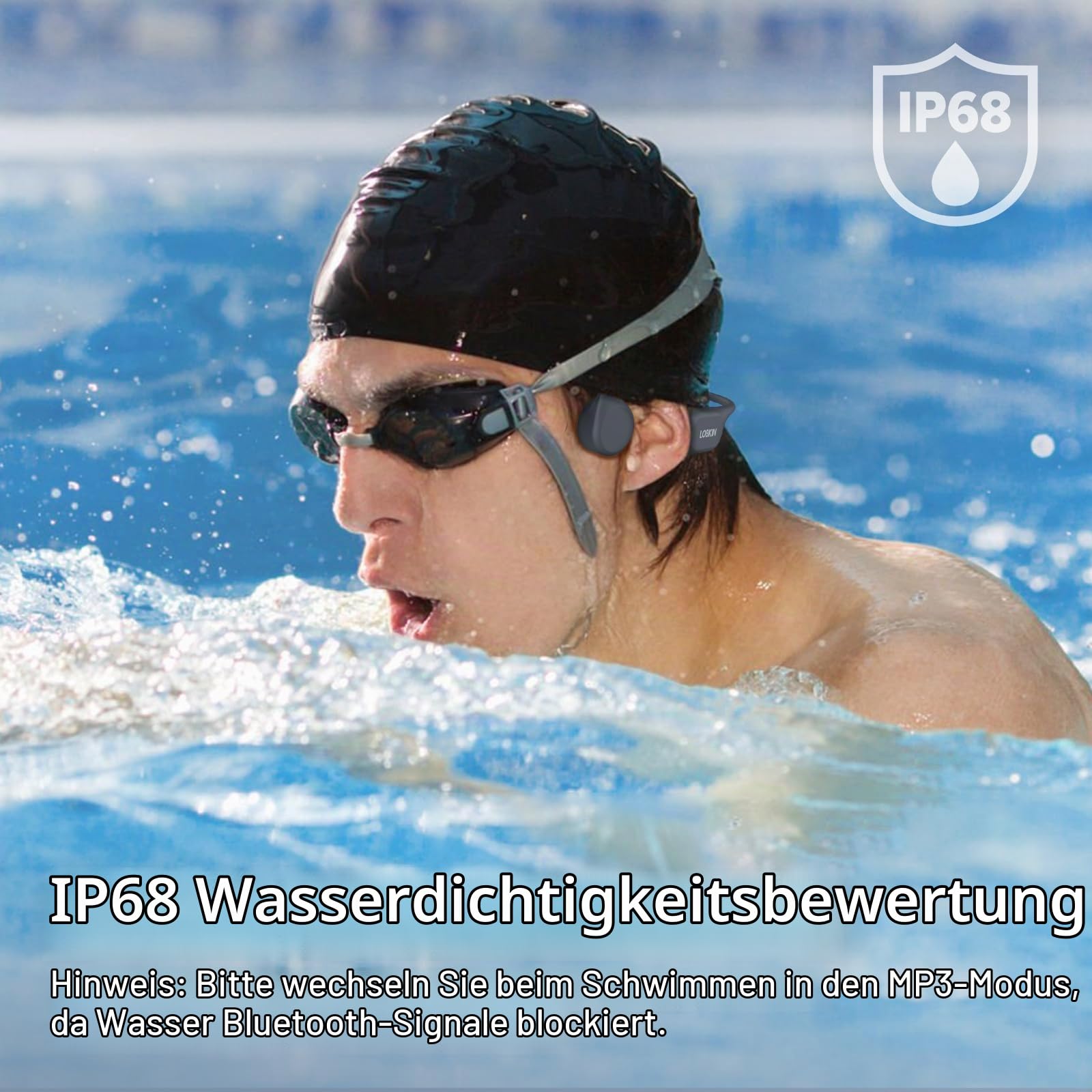 LOBKIN Knochenschall Kopfhörer Schwimmen,IP68 Wasserdicht Bluetooth 5.4 Open Ear Knochenschall Kopfhörer Bone Conduction Headphones mit 32G MP3 Player für Schwimmen Laufen Radfahrer