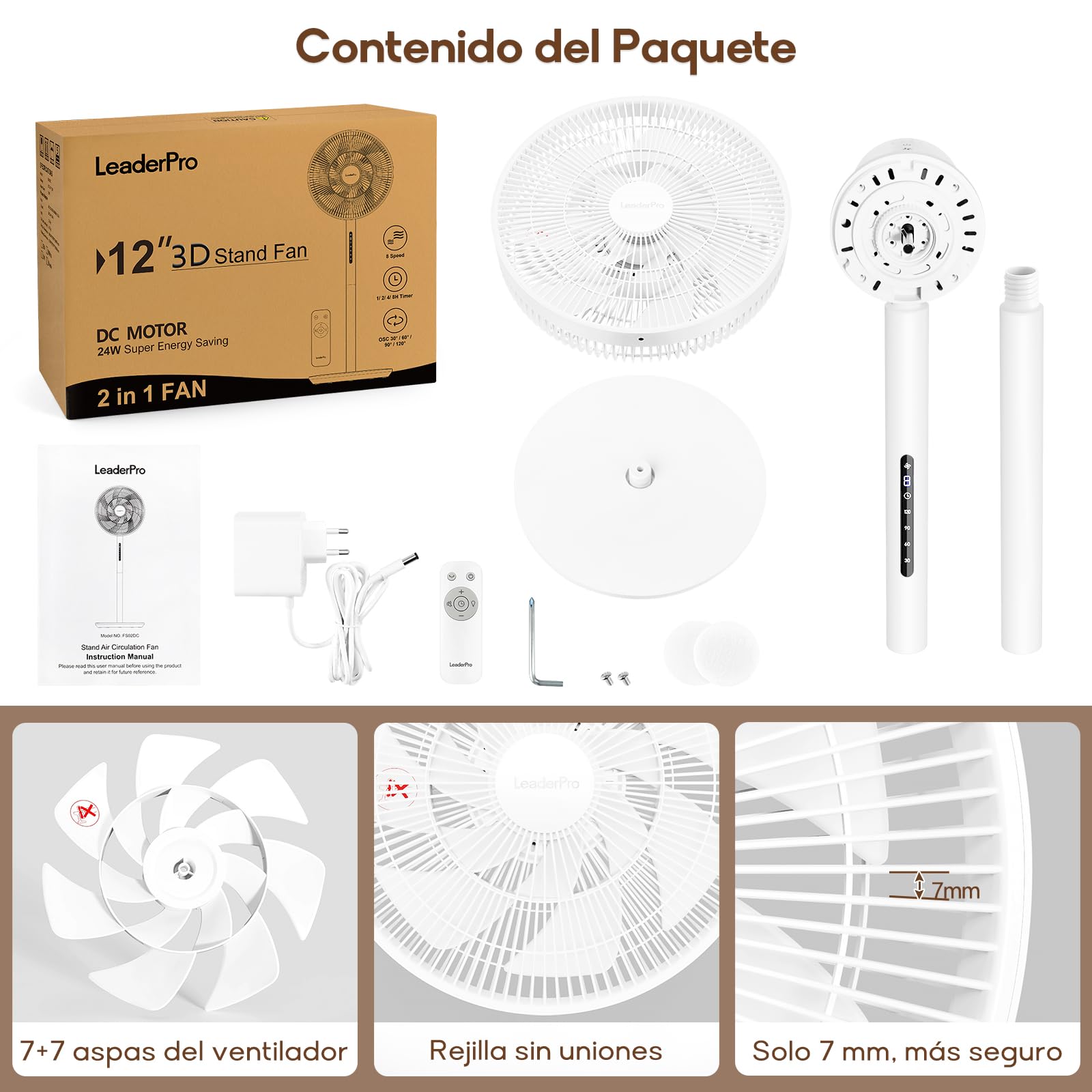 LeaderPro Ventilador de Pie Silencioso 12,8 dB, 2 en 1 de Pie y Sobremesa con Control Remoto y Temporizador, Oscilación 120°, Ajuste Vertical 90°, 8 Velocidades, Motor DC, Dormitorio y Oficina, Blanco