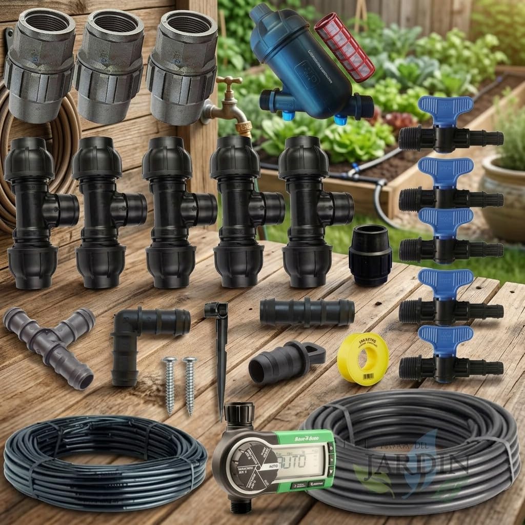 Suinga Pack Riego por Goteo para Jardin hasta 100 m² | Incluye Tuberia y Accesorios de Instalacion | Conexion a Grifo | Sistema Eficiente de Riego para Ahorro de Agua y Facil Uso en Jardin