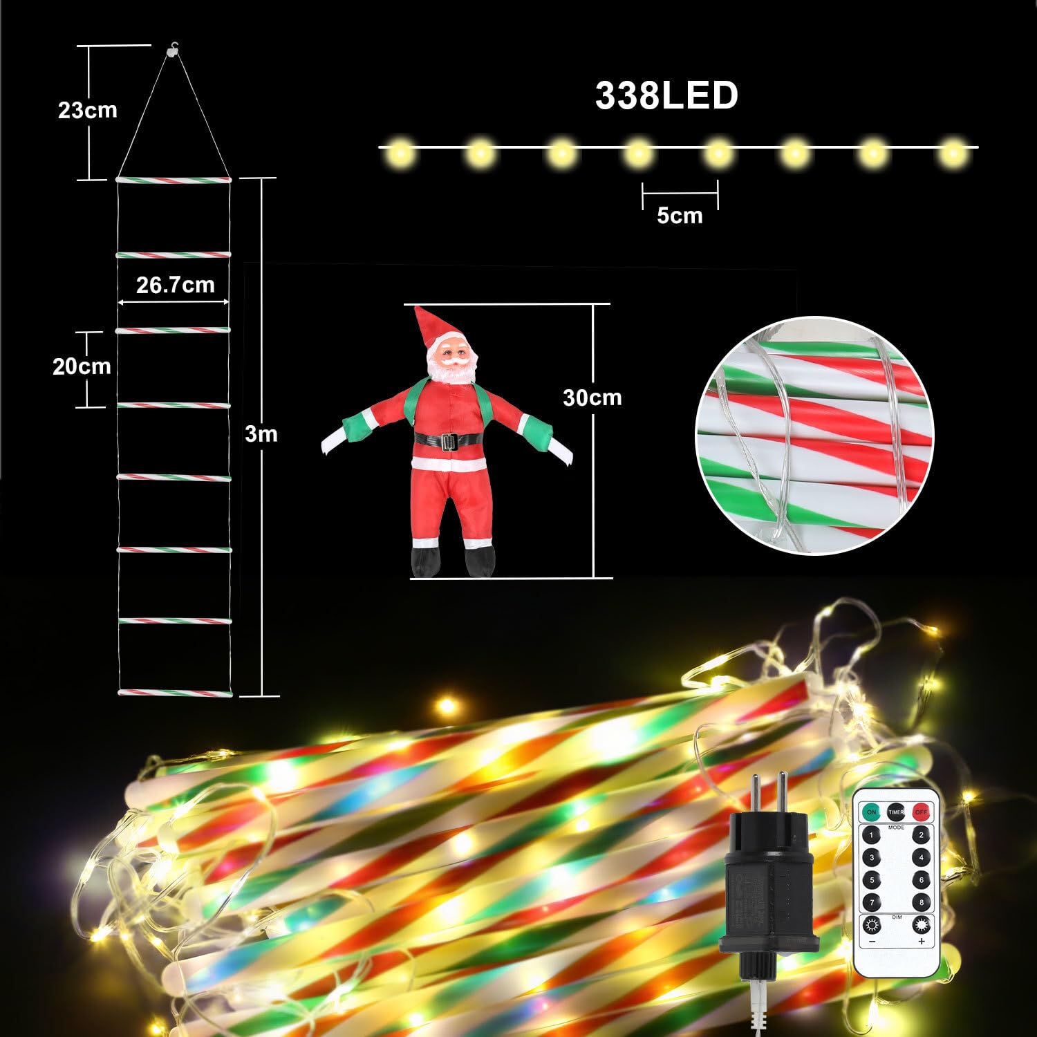 Łańcuch świetlny LED Święty Mikołaj o długości 3 m – oświetlenie bożonarodzeniowe LED ciepła biel z 8 trybami, funkcja pamięci, timer do użytku wewnątrz i na zewnątrz, dekoracja