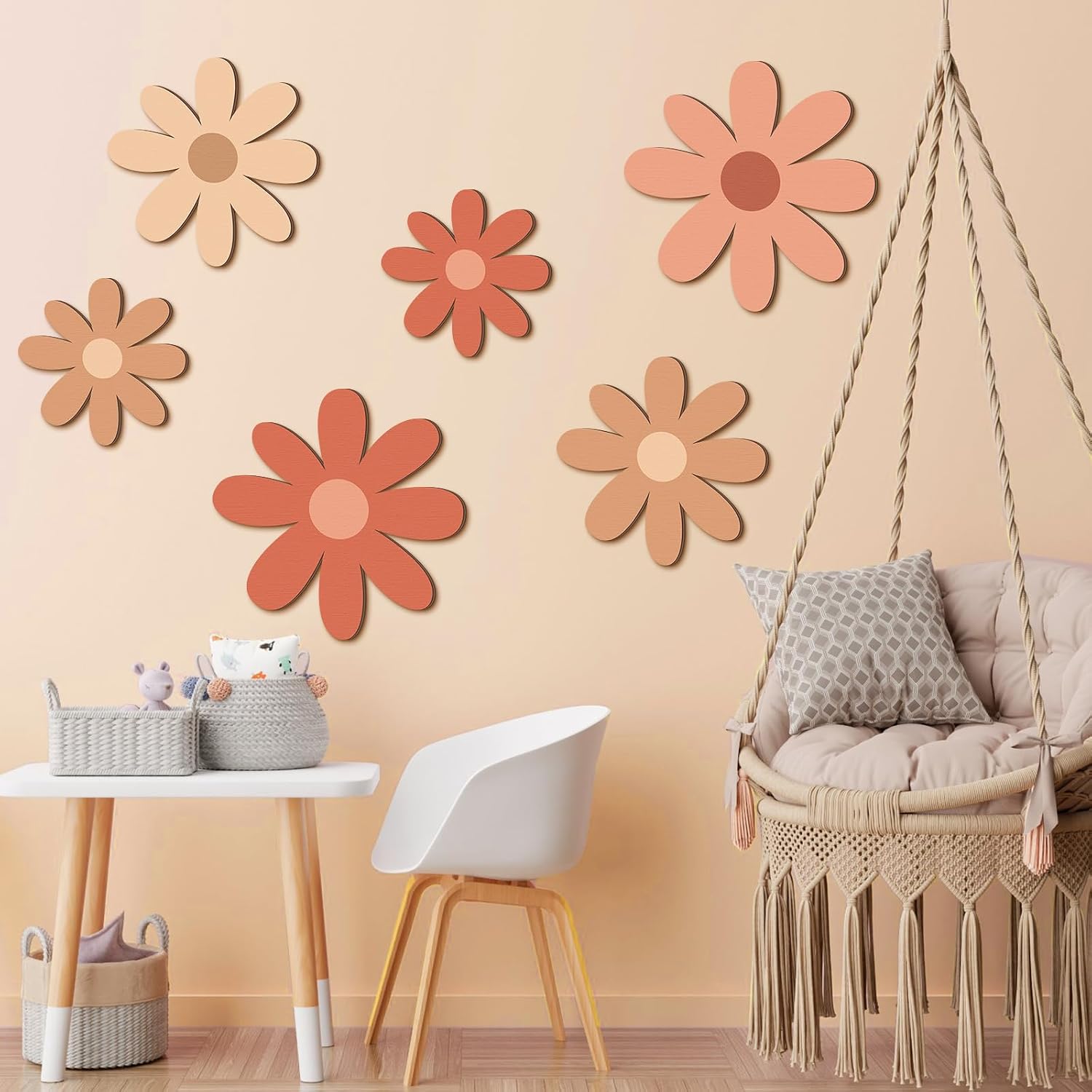 Thyle 6 Pcs Daisy Wall Decor Wooden Daisy Art Flowers Wall Signs Hanging Plaque for Home Nursery Bedroom Farmhouse Bathroom Decorations Housewarming Gifts (Lovely Style,Pink Color)