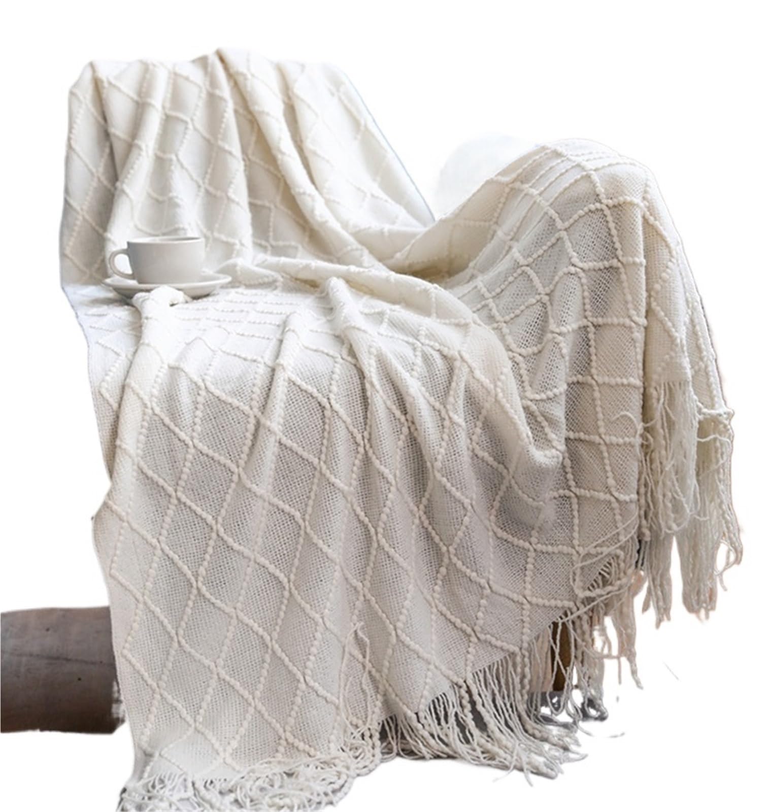 KiddiBubzi Soft Cozy Vintage Textured Knitted Throw Blankets With Tassels Lightweight Decorative Throws Farmhouse Woven Blanket For Adults(Color 9)