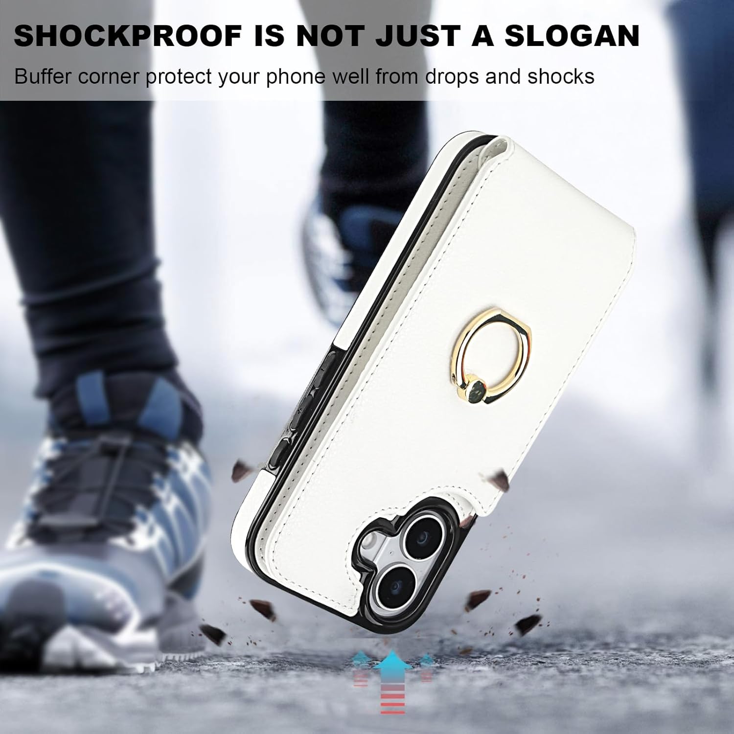 Folosu Compatible with iPhone 17 Case Wallet with Card Holder, 360°Rotation Finger Ring Holder Kickstand, RFID Blocking Leather Protective Double Buttons Shockproof Cover 6.3 Inch White - Image 7