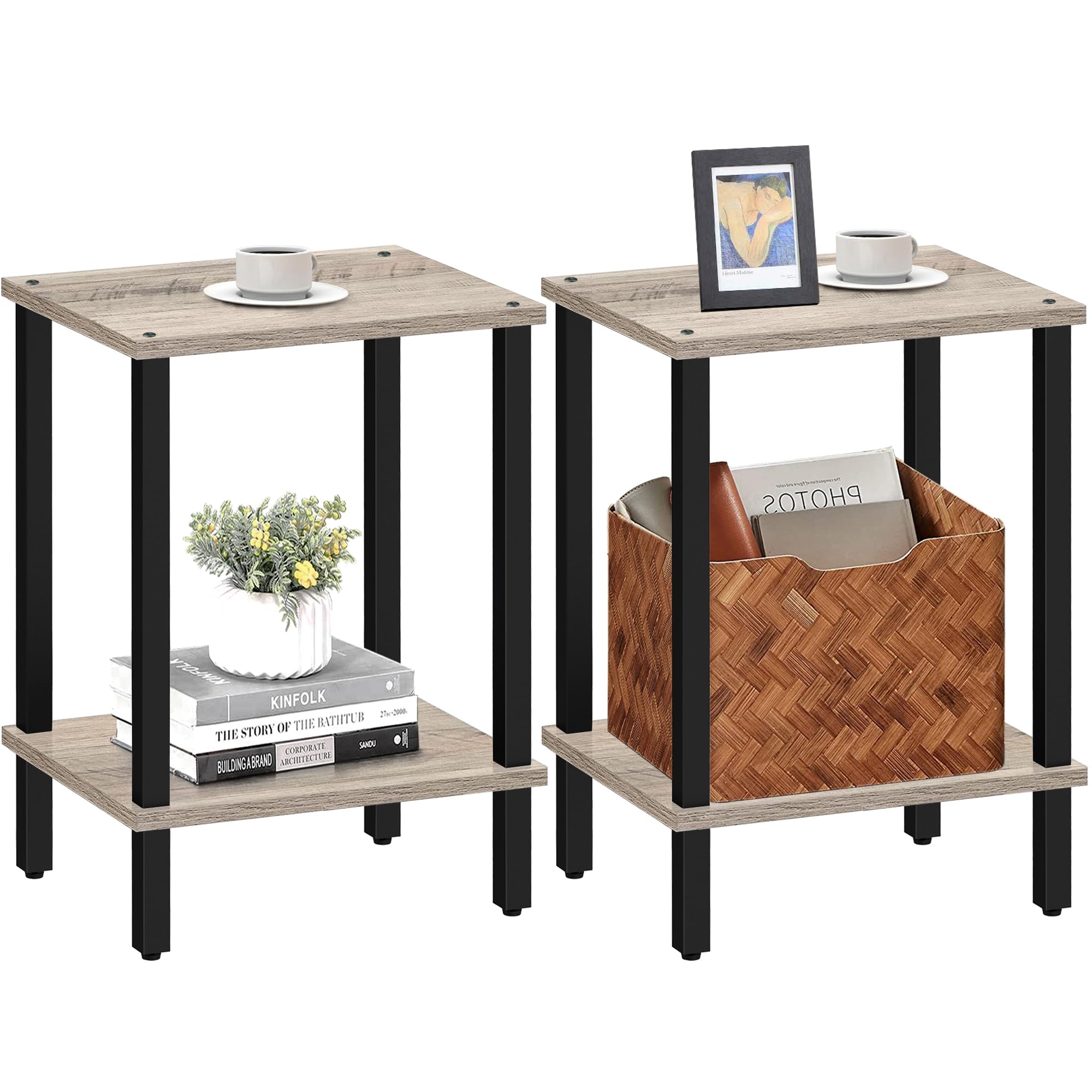 TUTOTAK Side Table, Set of 2, Bedside Table, Night stand, 2-Tier Storage Shelf, End Table for Small Space, Living Room, Bed Room, Greige V1TB01BG035EU