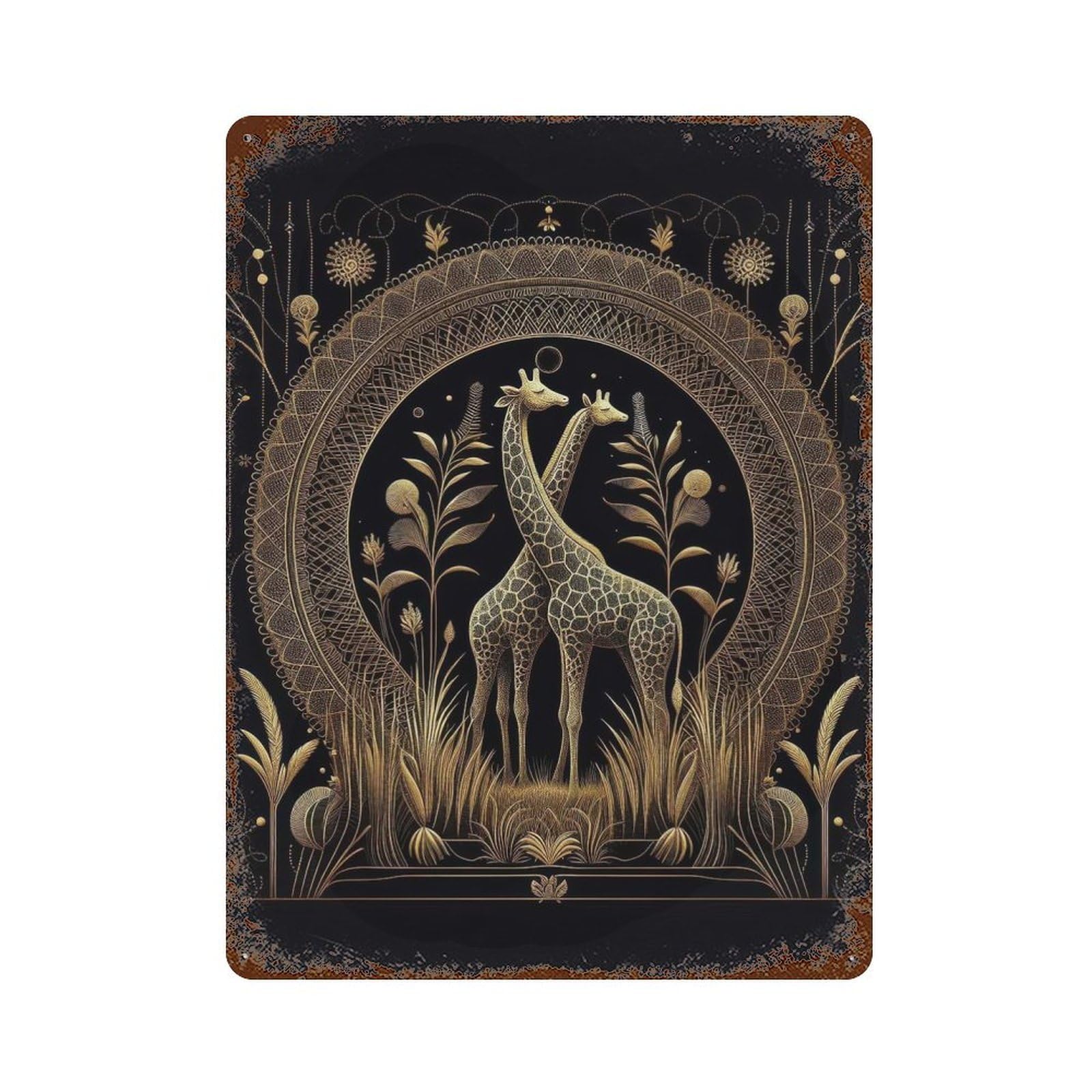 Golden Giraffe Couple Distressed Metal Wall Sign 15.7"x11.8", Rustic Home Decor for Living Room, Hallway And Home Decor