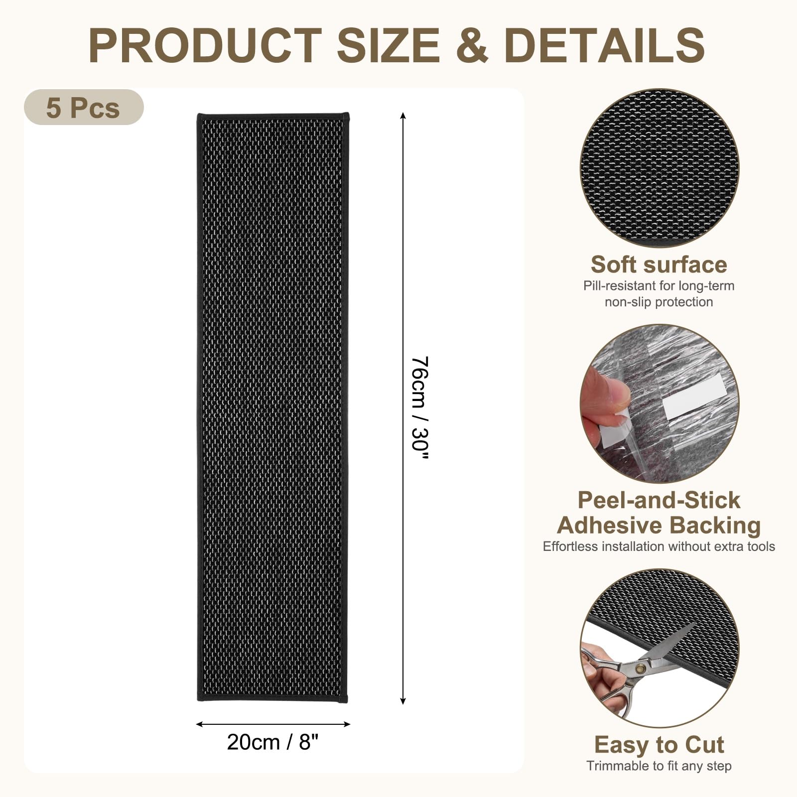 5 peldaños antideslizantes lavables y adhesivos de 20 cm x 76 cm para escaleras, color blanco y negro, seguros y aptos para escaleras