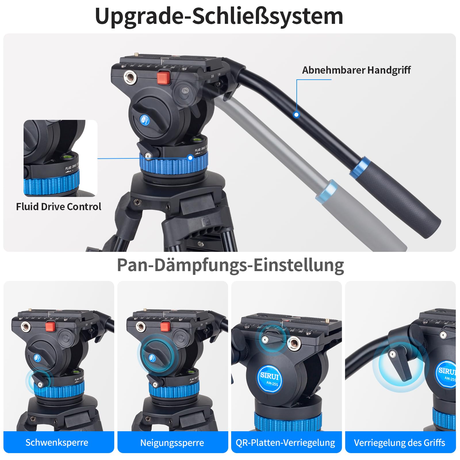 SIRUI AM-25S Profi Videostativ mit Fluidkopf, 190cm Aluminium Dreibein-Stativ für Kameras DSLR, 10KG Belastung