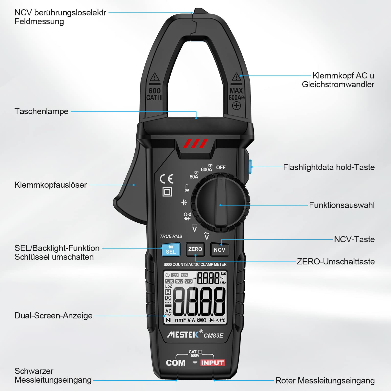 Pinza Amperimetrica Multimetro MESTEK Polimetro Digital Profesional Clamp Meter AC DC Corriente Voltaje CA/CC T-RMS Amperímetro Autorango Resistencia/Frecuencia/Temperatura Bateria NCV VFC 6000Cuentas