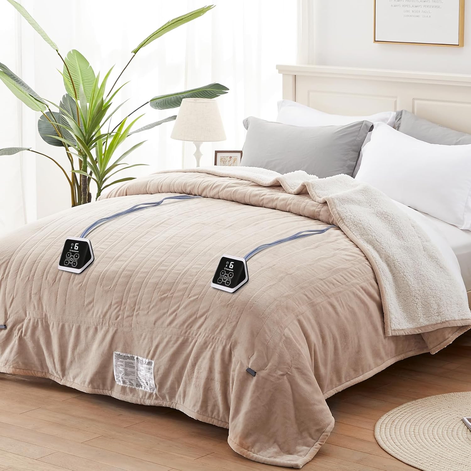 Westinghouse Electric Heated Blanket - Queen Size, Soft Flannel to Sherpa, 10 Heating Levels, 12 Hour Auto Off, Machine Washable, 84x90 Inch, Beige - Image 2