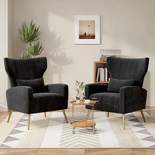 Miniatura 12 de Juego de 2 Sillas de Acento de Terciopelo Wingback para Sala de Estar, Silla de Brazos de Respaldo Alto con Patas Doradas y Almohada Lumbar, Sofá