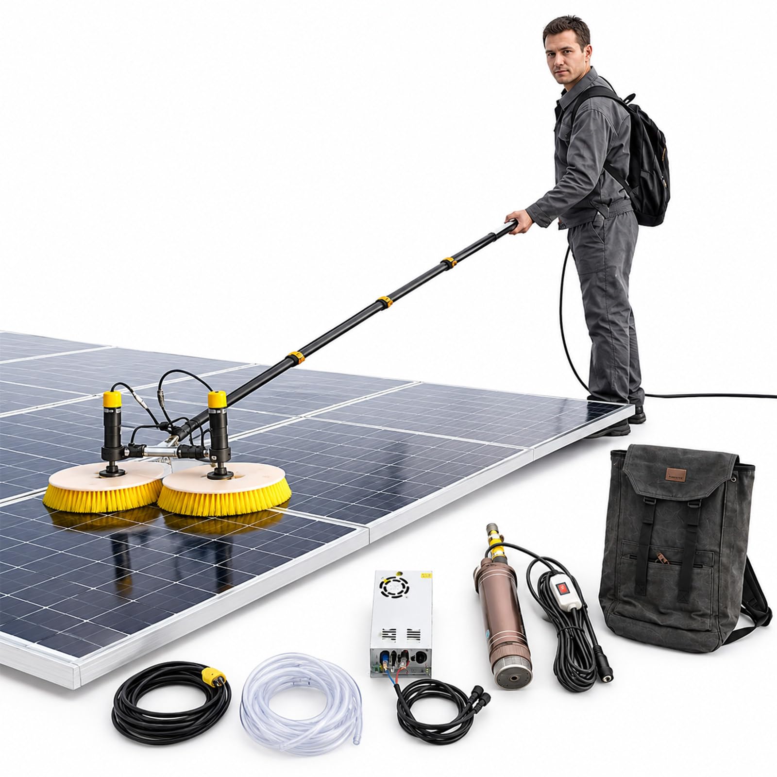 SENJINGHUA 7m, 8m, 9m Telescopic Water-Fed Solar Panel Cleaning Brush, 70cm Wide Dual-Head Rotating Nylon Brush Tool for PV Modules, Roofs 7m