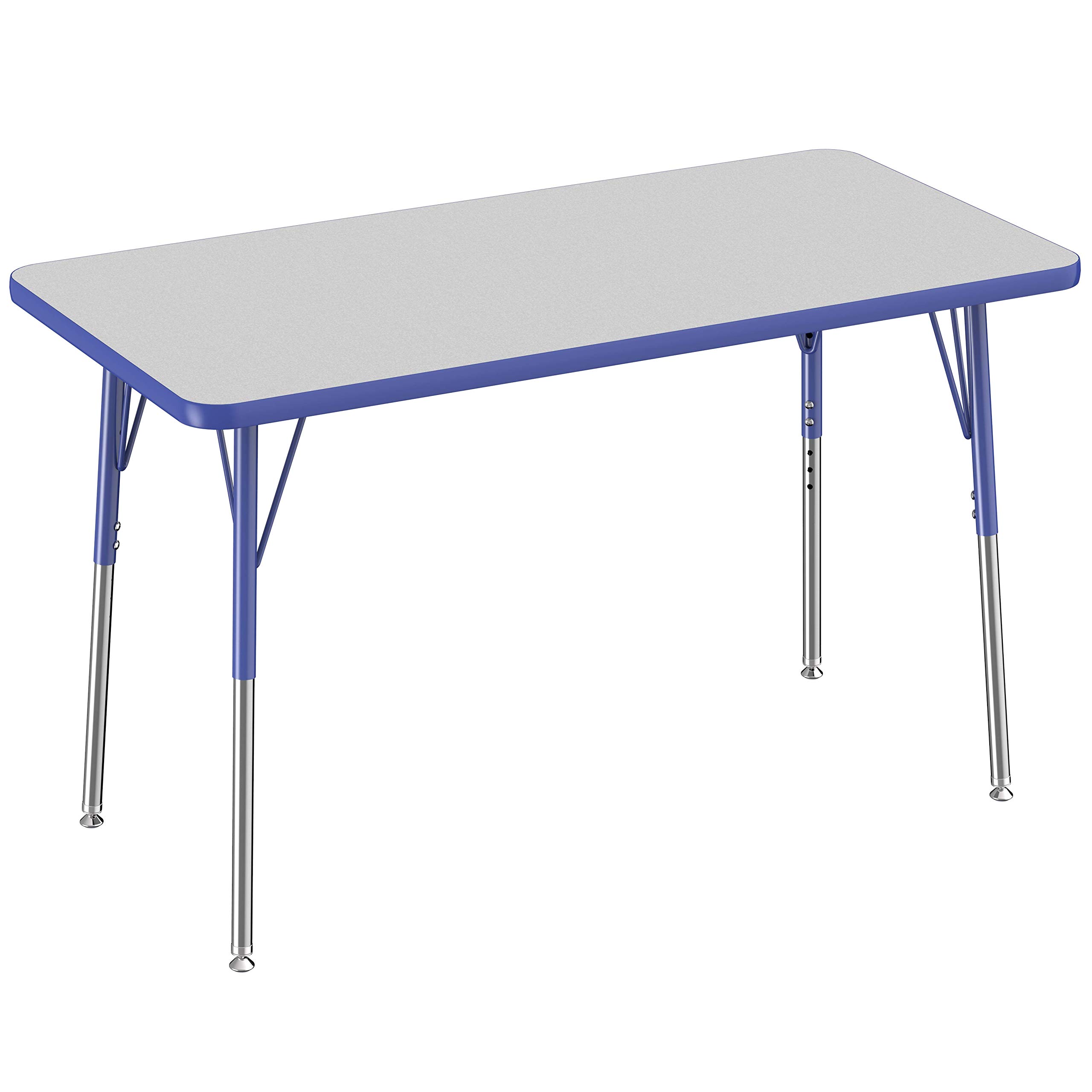 FDP Rectangle Activity School and Office Table (24 x 48 inch), Standard Legs with Swivel Glides, Adjustable Height 19-30 inches - Gray Top and Blue