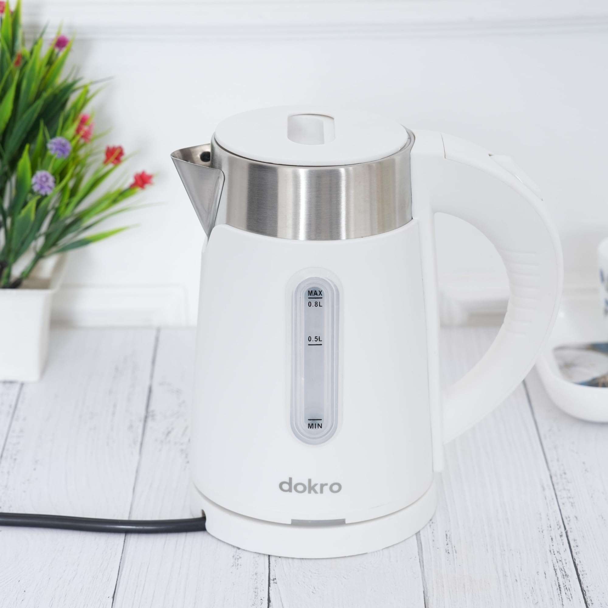 Dokro 0.8L CoolTouch Electric Kettle (800W) | Fast Boil Premium Water Kettle with Auto Shut-Off, Overheat Protection, LED Indicator, 360° Swivel Base, Cordless Design – White-image-29