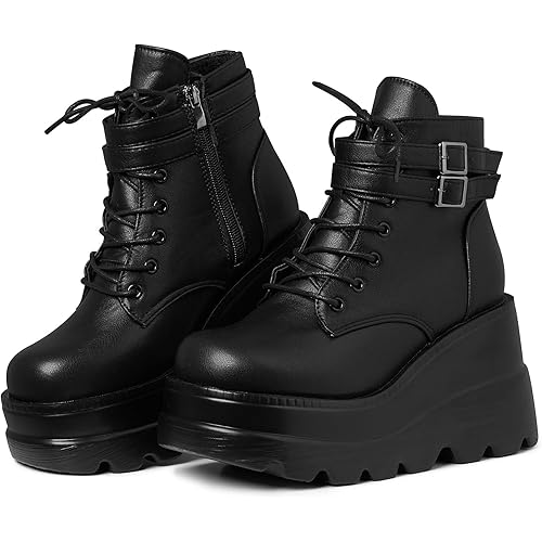 mikarka Holographic Platform Boots for Women, Lace Up Ankle Studded Buckle Goth Stacked Wedge Combat Ankle Boots