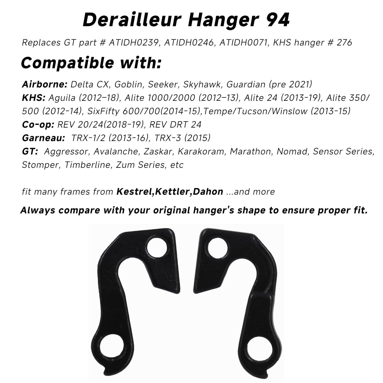 Forcellino deragliatore posteriore 94 per GT, KHS, Mongoose & More – Ricambio durevole in lega di alluminio per mountain bike e bici da strada, finitura nera, viti incluse