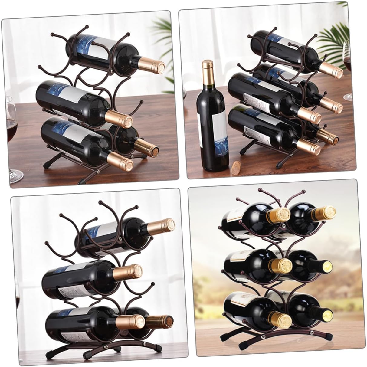 Detachable Iron Wine Rack Vintage 6-Bottle Holder Small Countertop Wine Bottle Shelf for Home Dining Room Display in Matte Antique Copper