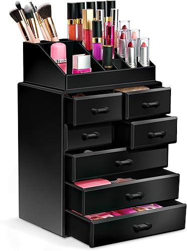 Sorbus Organizador de maquillaje, soporte para brochas y cajones de almacenamiento de maquillaje, organizador de maquillaje acrílico para tocador,