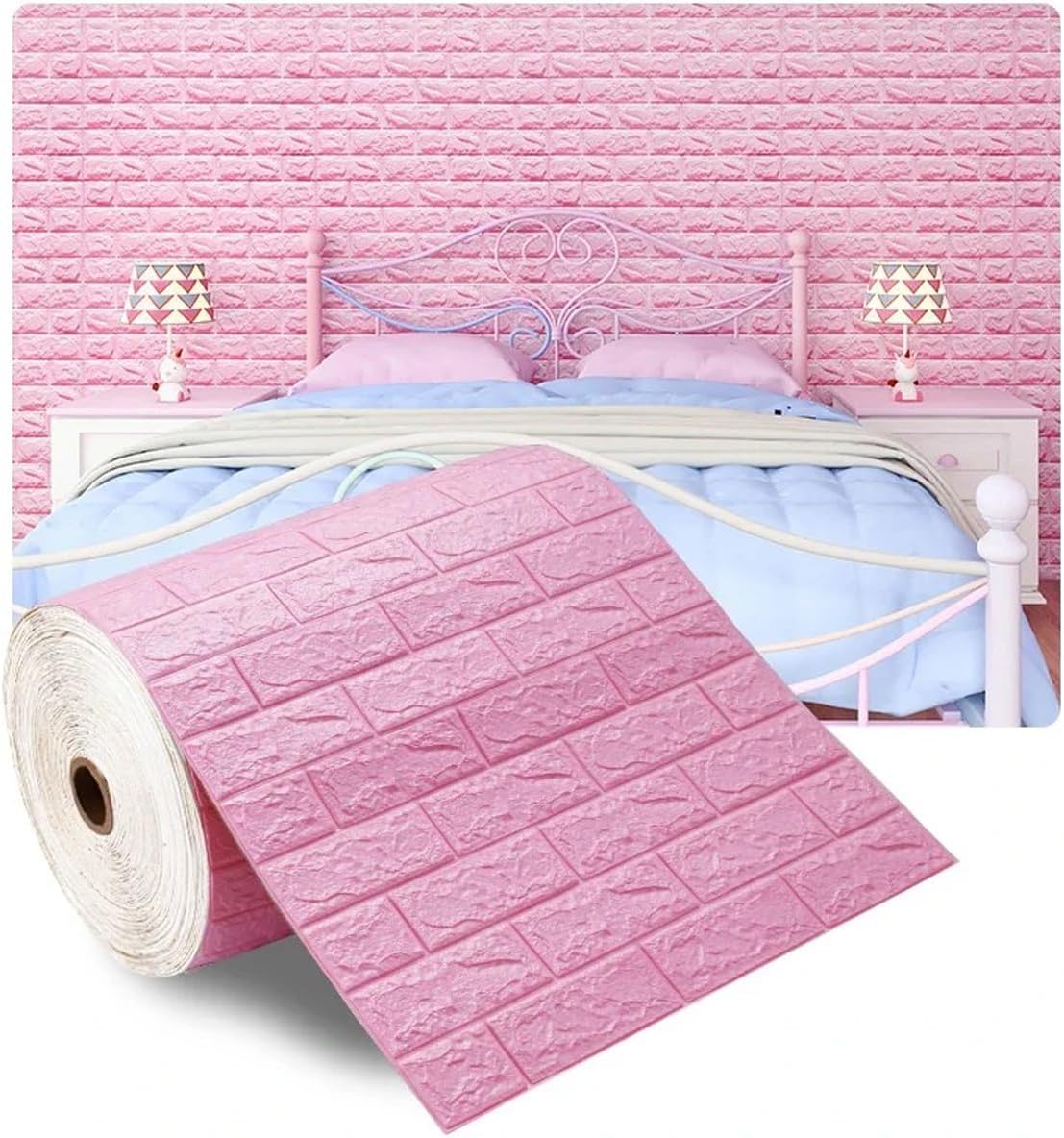 3D Faux Brick Wallpaper 27.5x196.8 Inches Waterproof Foam Wall Panels Peel and Stick Wall Tiles for Living Room Bedroom Background - 37.6 Sq. ft (Pink)