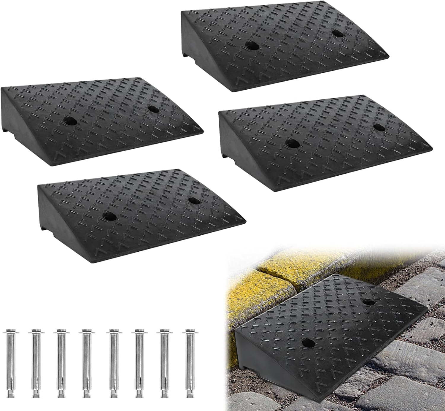 FIVMEN 4-częściowy zestaw ramp do krawężnika, gumowa rampa progowa o wysokości 10 cm, przenośna rampa progowa z antypoślizgową powierzchnią, rampa do samochodu, wózka inwalidzkiego