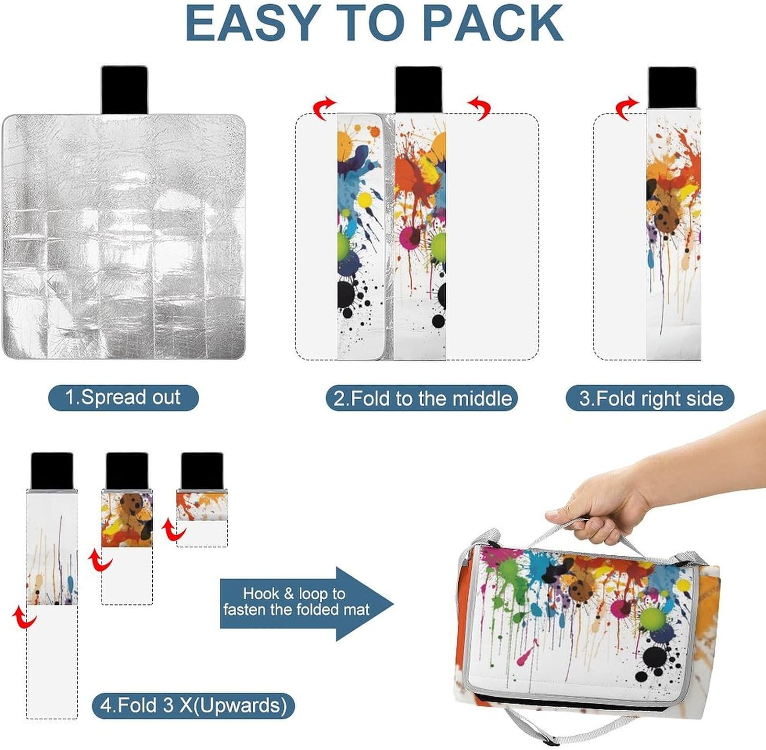 Abstract Paint Splashes Waterproof Picnic Blanket 58.3''x58.3'',Portable and Foldable Picnic Mat with Handle,Outdoor Blankets for Lawn Park Beach Travel