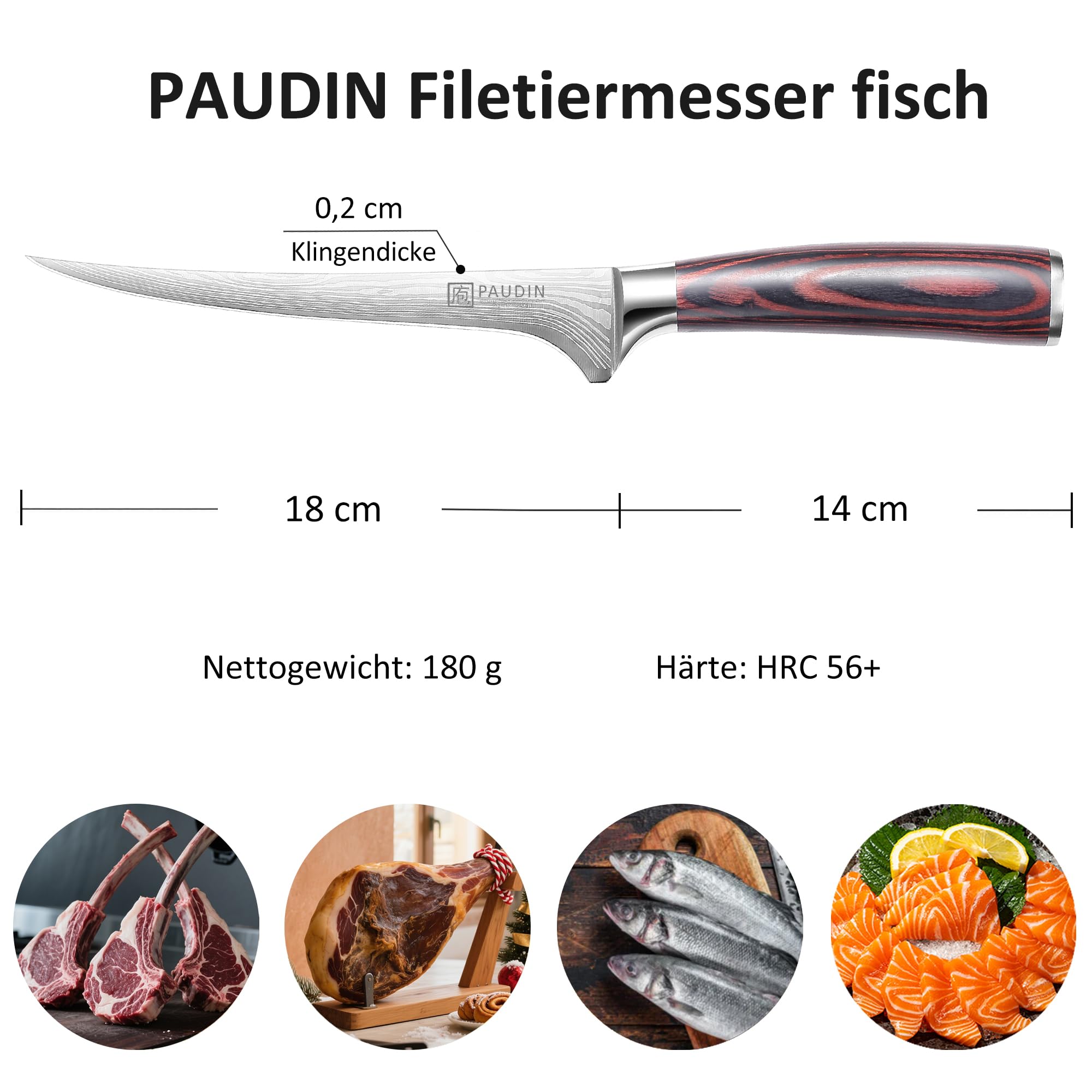 PAUDIN Filetiermesser Fisch 18 cm, Professionelles Küchenmesser Fischmesser, Ausbeinmesser aus Hochwertiger Carbonstahl, Ultrascharf Fleischermesser Fischfiletmersser mit Ergonomischem Pakkaholzgriff