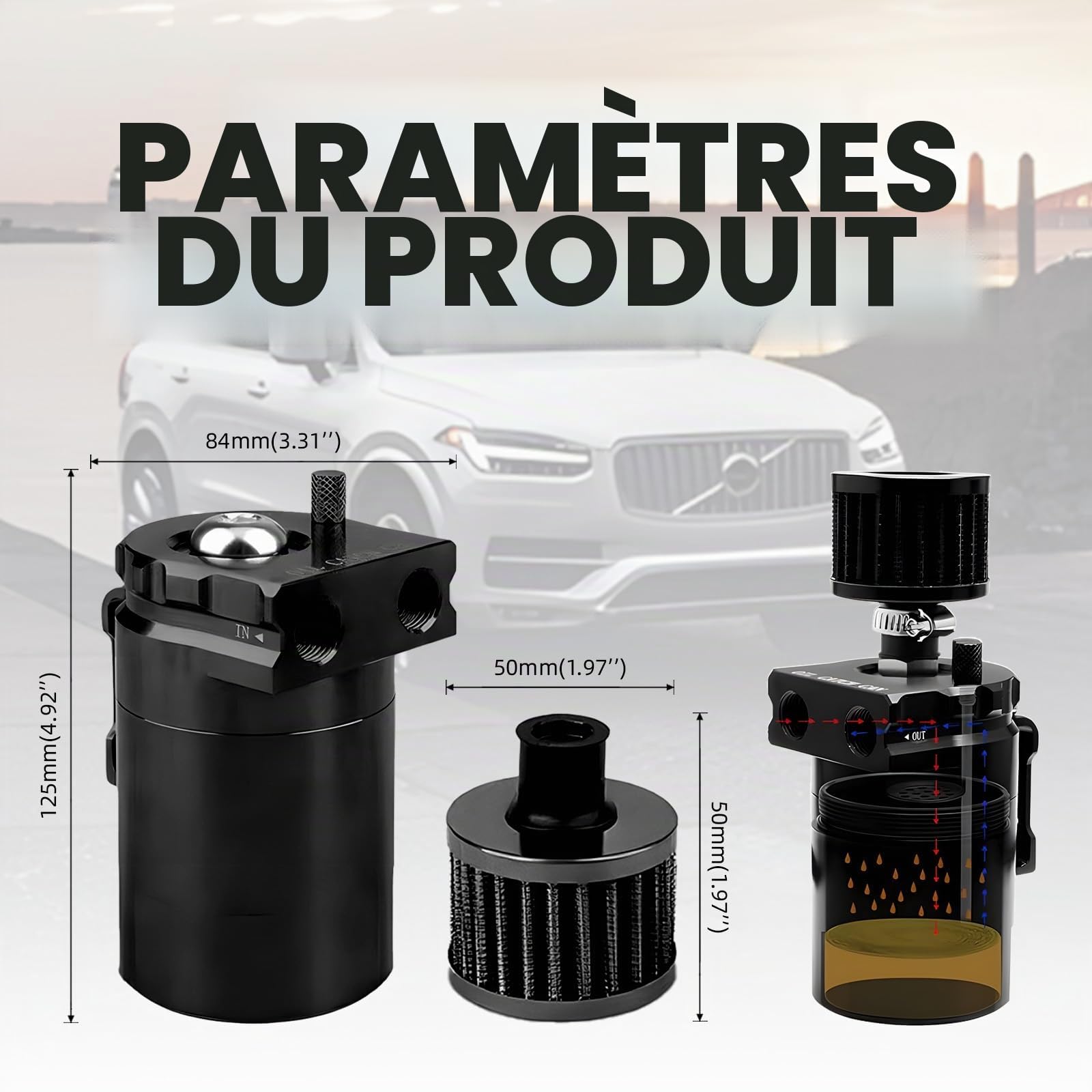 Oil Catch Can Auto, 300ml Aluminium Voiture Réservoir, Universel Séparateur Bidon Huile Voiture Air Filtre avec Filtre à Air, Tuyau et Autres Accessoires (Noir)