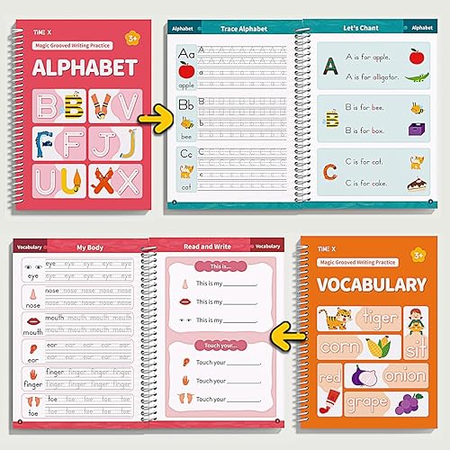 TIME X Magic Grooved Writing Practice Books, Reusable Handwriting Practice Books, Groove Workbooks, Handwriting Practice for Kids 3 +, Large Writing Practice Books (Practice 6-Books)