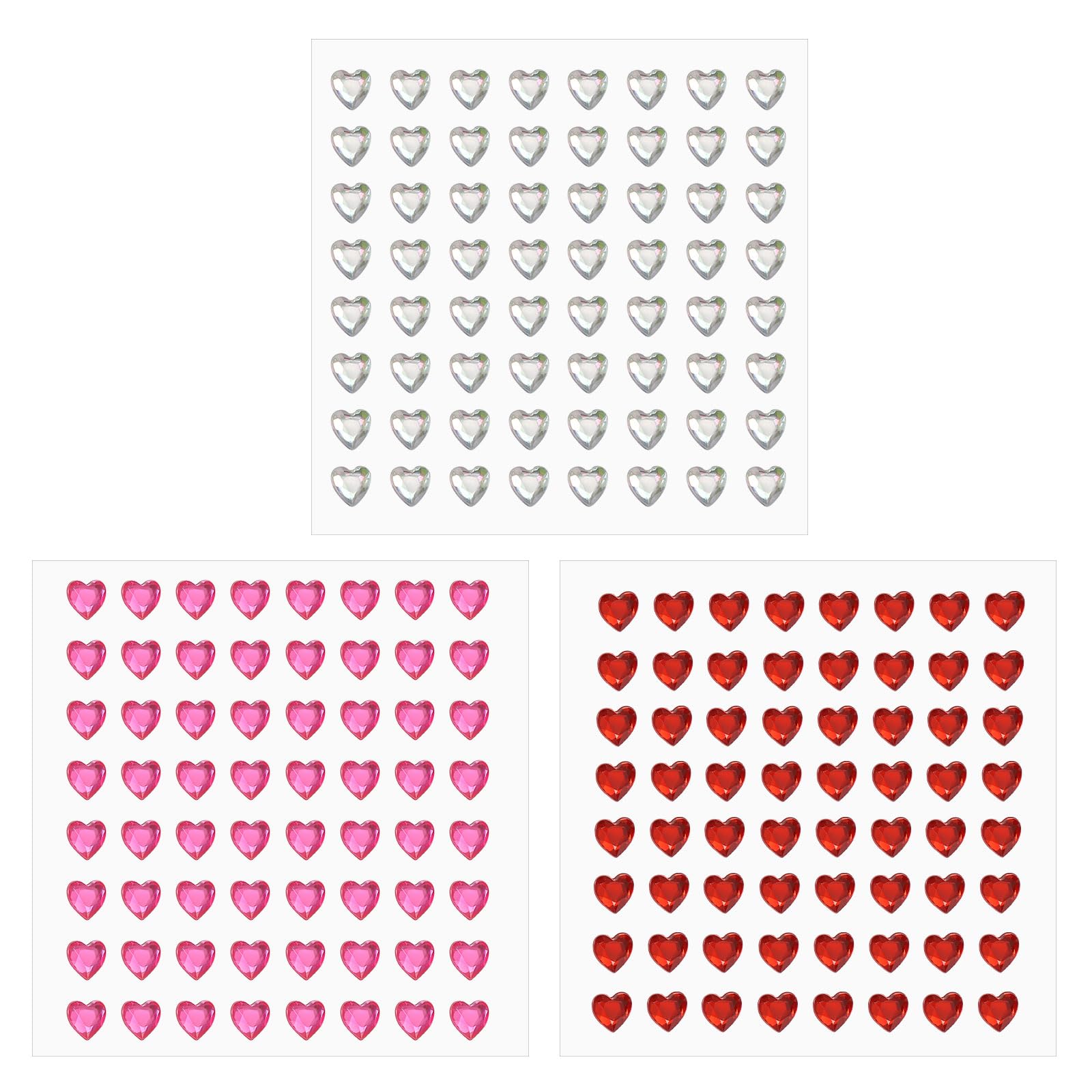 PATIKIL Heart Gem Stickers 6mm, 3 Sheet Self Adhesive Acrylic Heart Rhinestones Jewel Sticker Crystal Embellishment Sheet for Crafting Nail Decor Makeup DIY, White/Light Red/Red