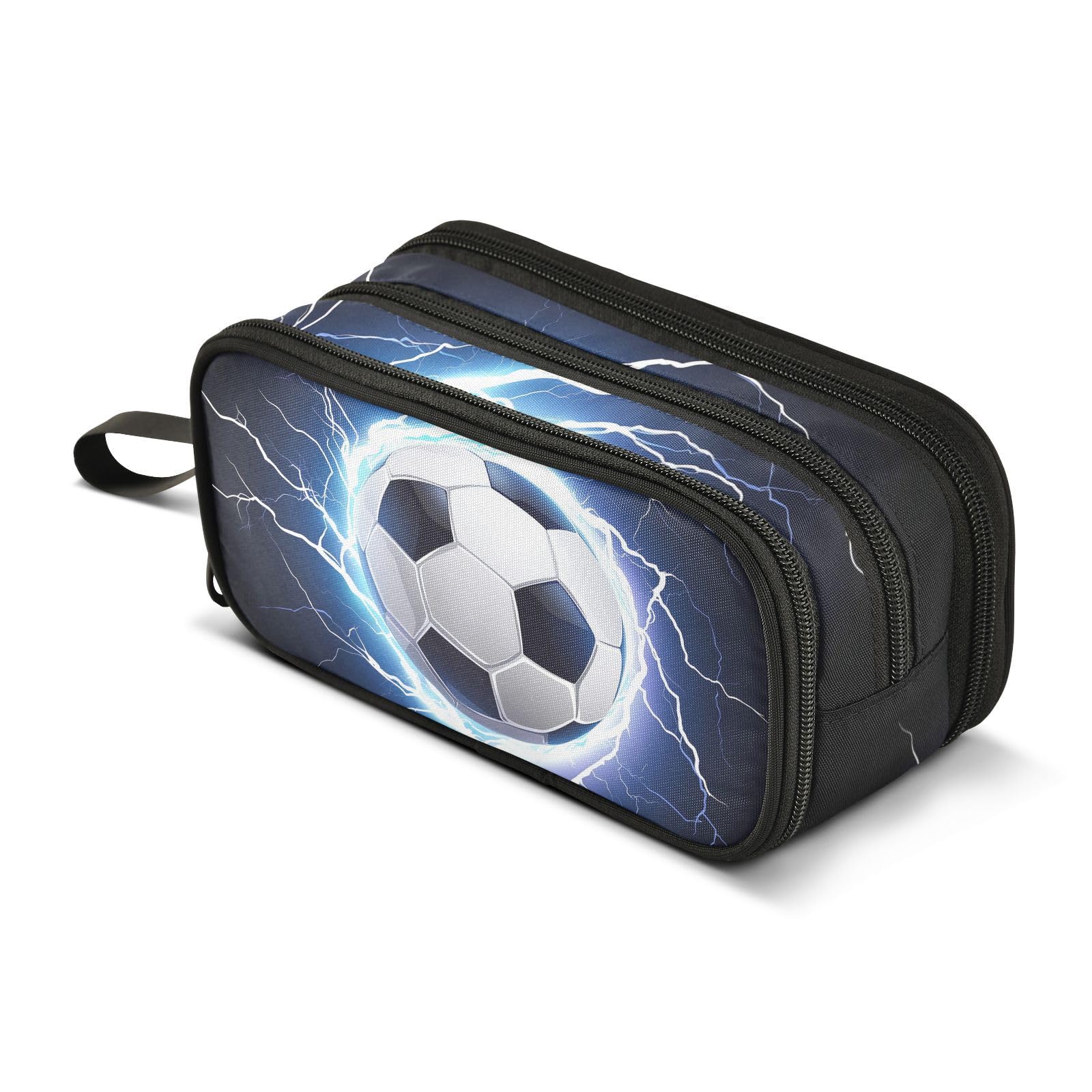 Soccer Ball Lightning Pencil Case Large Capacity Pencil Pouch Boys Girls 3 Compartment Pen Bag School Office Stationery Organizer